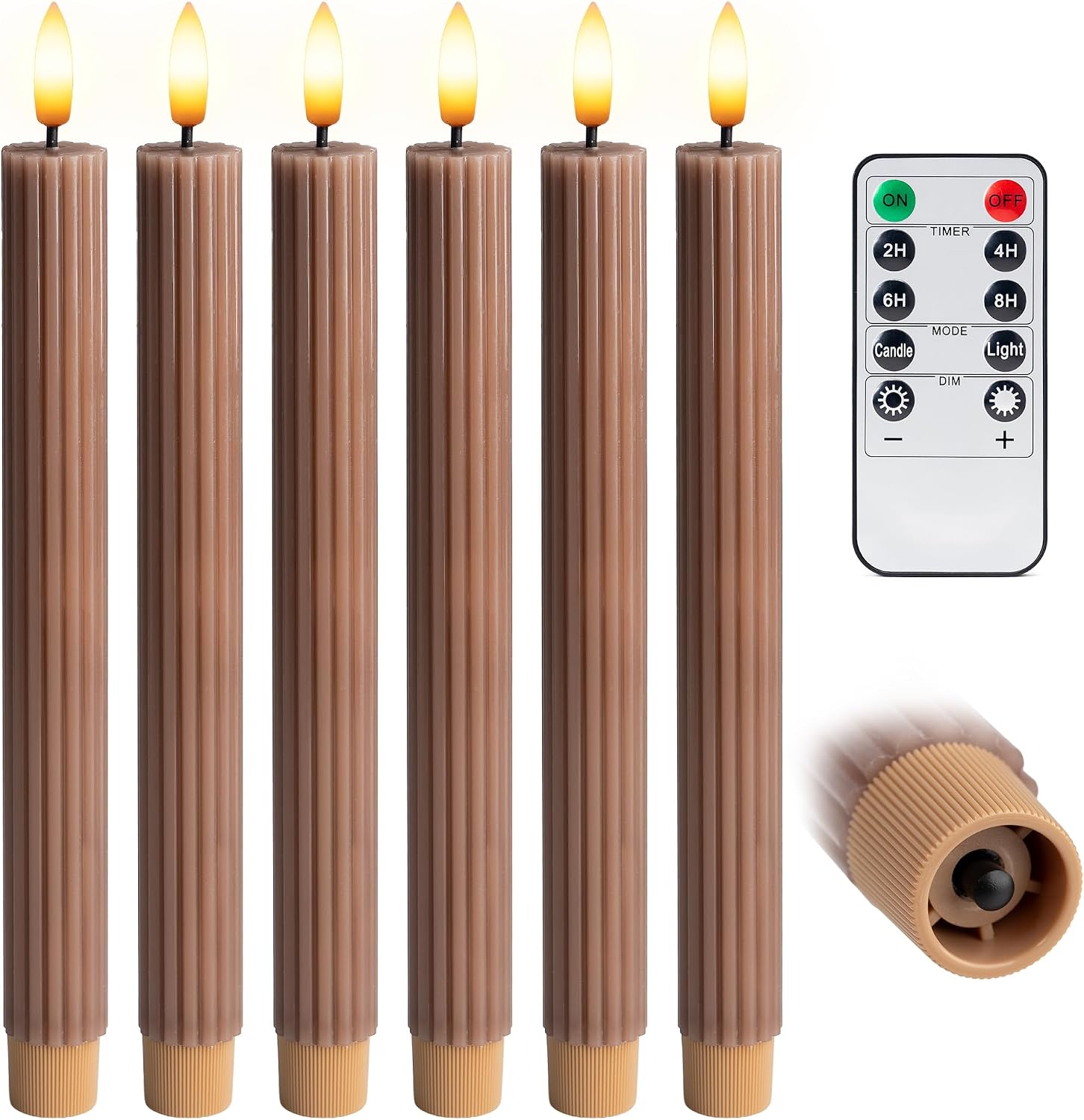 10" Fluted Ribbed LED Brown Tan Grooved Real Wax Taper Candles, Remote & 24h Timer Memory, On/Off Switch - Flameless