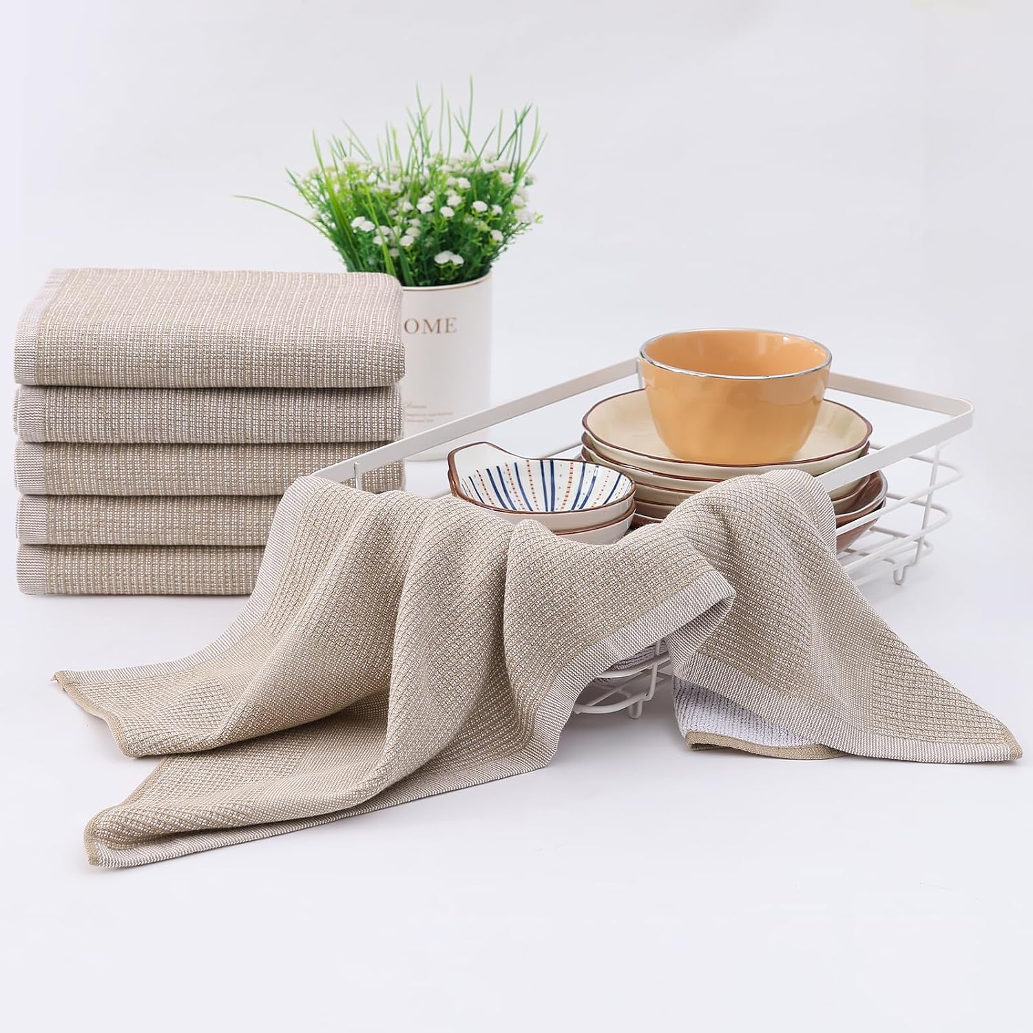 Homaxy 380 GSM Cotton Premium Kitchen Towels 8 Pack, 18"x 28", Khaki | Flat and Terry Dish Towels, Highly Absorbent Tea