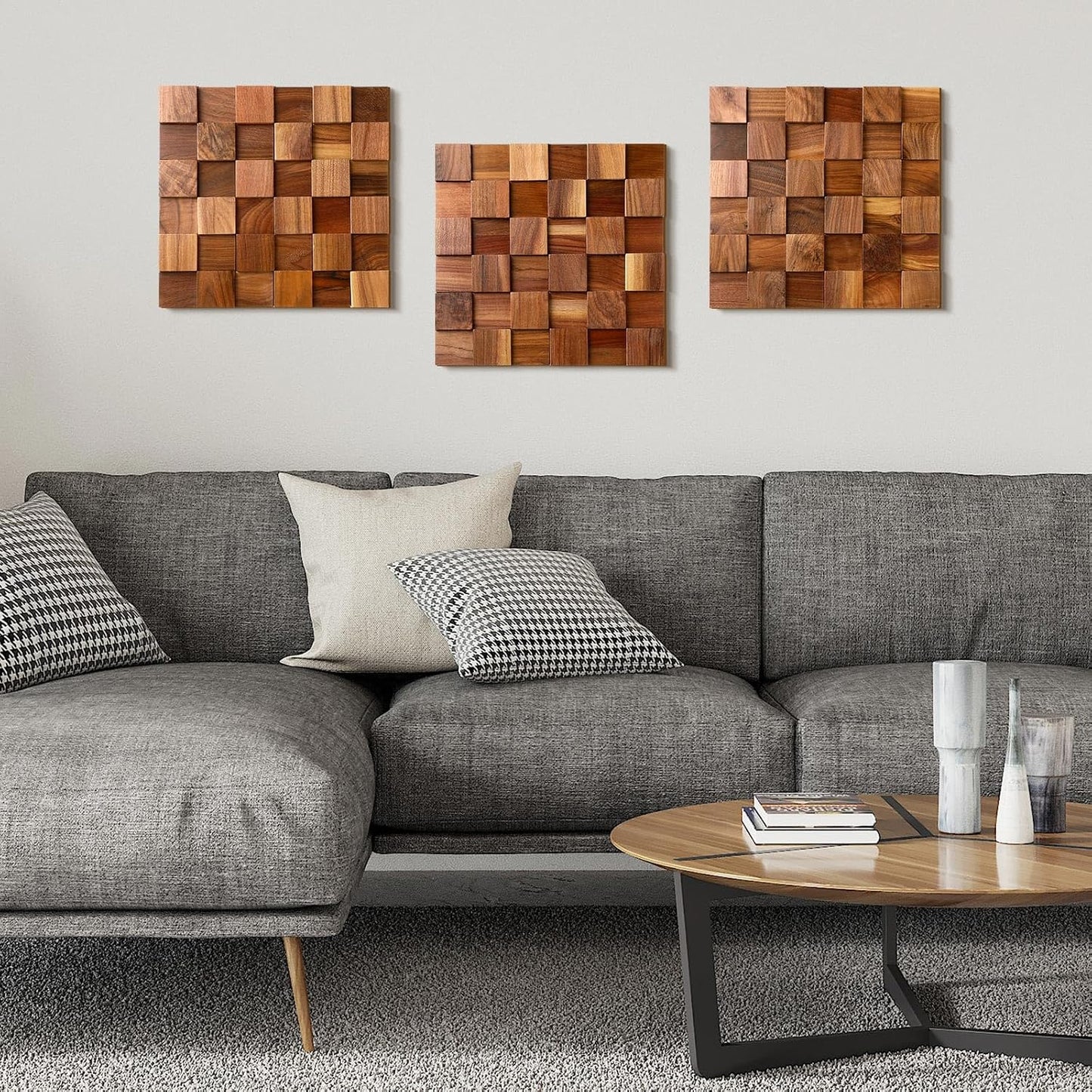 3D Wood Wall Art 11.8'' x 11.8'' Rugged Mosaic Wood Wall Decor Rustic Block Wooden Wall / Set of 3