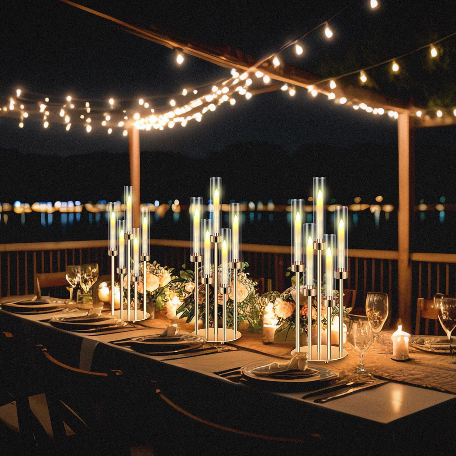 Tandefio 2 Set Gold Candelabra Centerpieces, 26.8" 5 Arm with LED Candles | Candelabra Centerpieces for Wedding Table