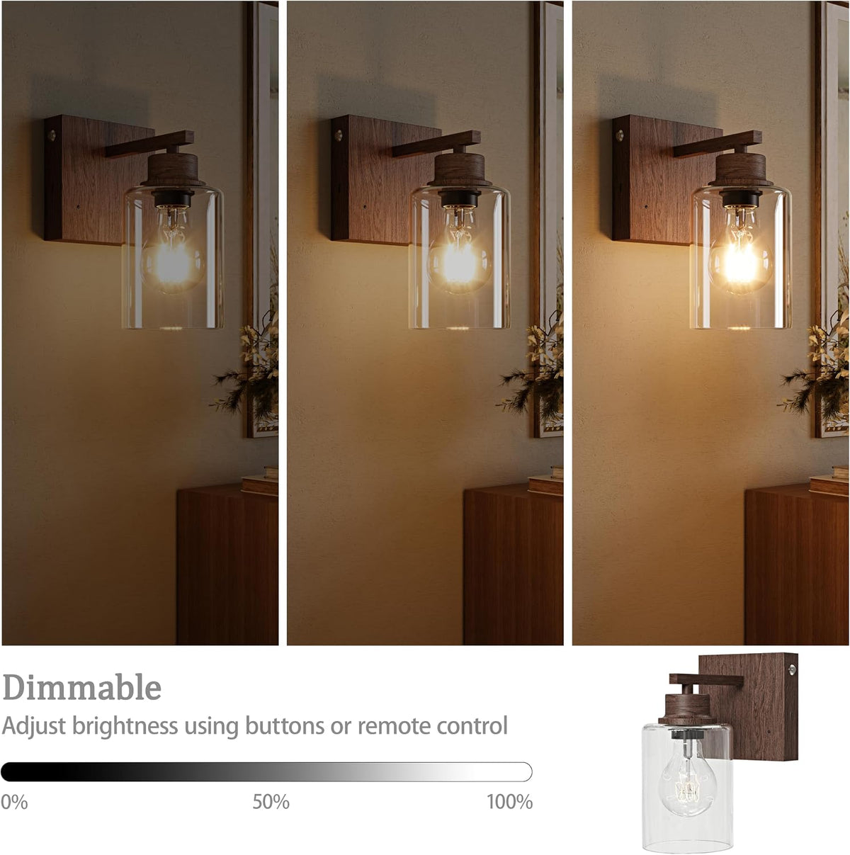 Rayogale Walnut Battery Operated Wall Sconce Set of Two with Remote Control | Dimmable Rechargeable Wall Lights with