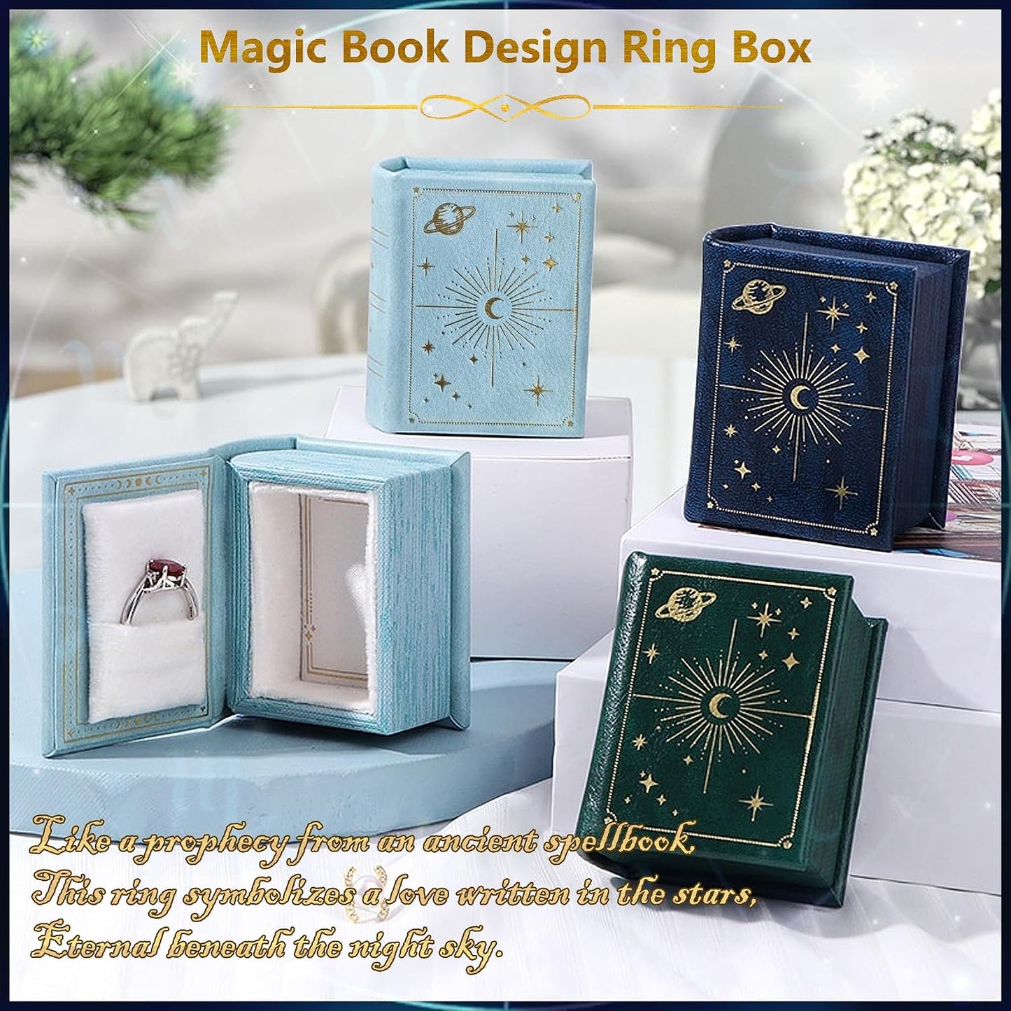 Vintage Magic Book-Shaped Ring Box Starry Sky Pattern PU Leather / Sky Blue