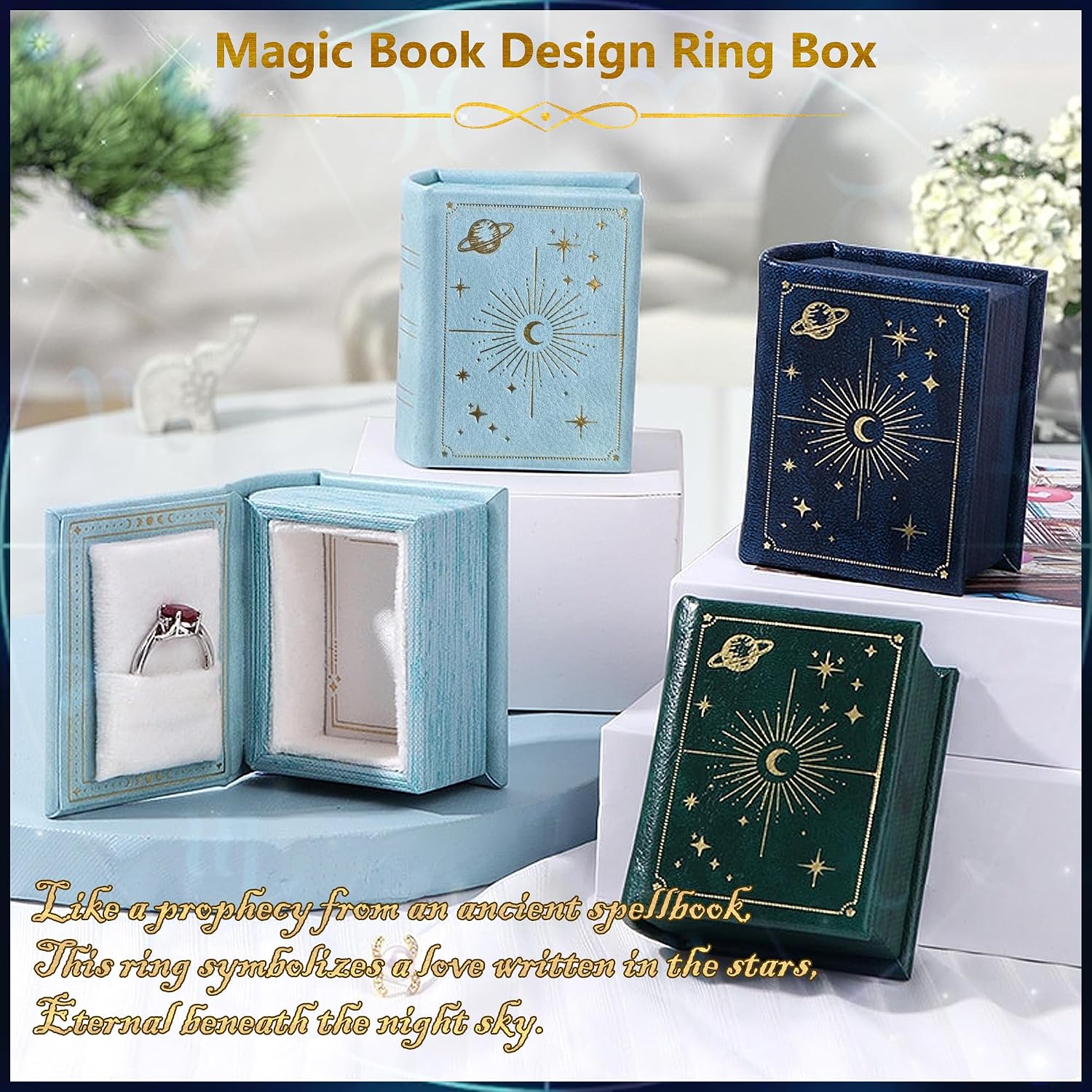 Vintage Magic Book-Shaped Ring Box Starry Sky Pattern PU Leather / Sky Blue