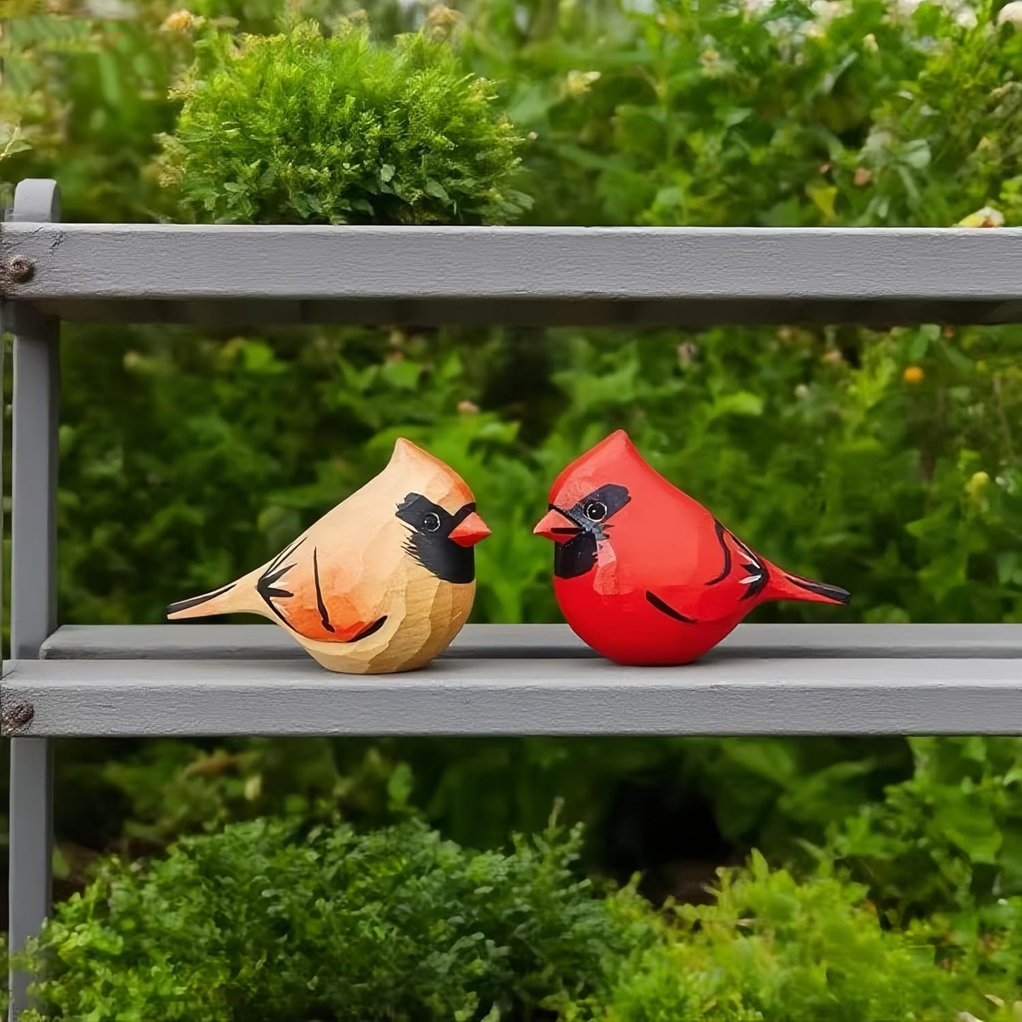 Hand-Carved Wooden Northern Cardinal Figurines / Red & Brown