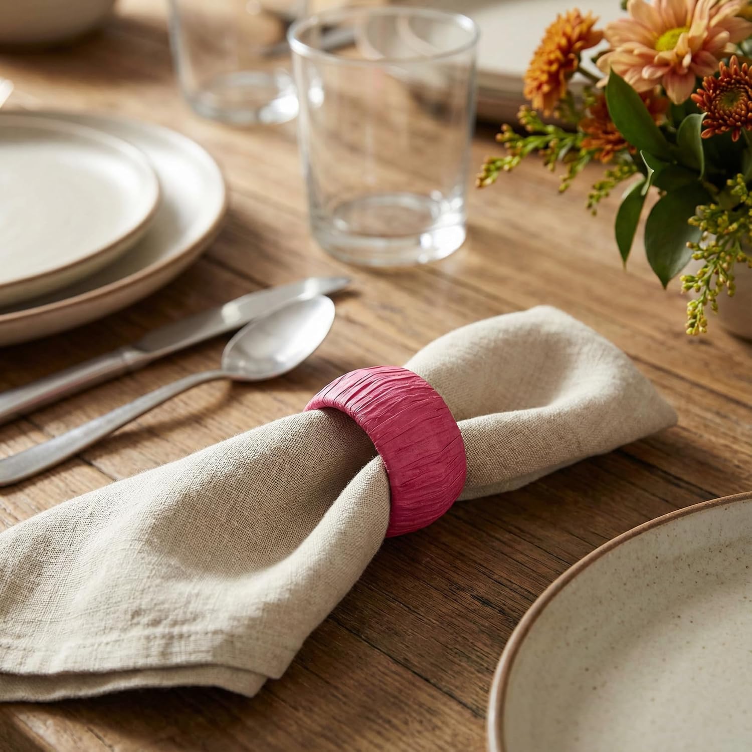 GURU JEE™ Handmade Raffia Rattan Napkin Rings Pink Set of 24 Everyday Use Dining Party Tabletop Décor Gifts Napkin