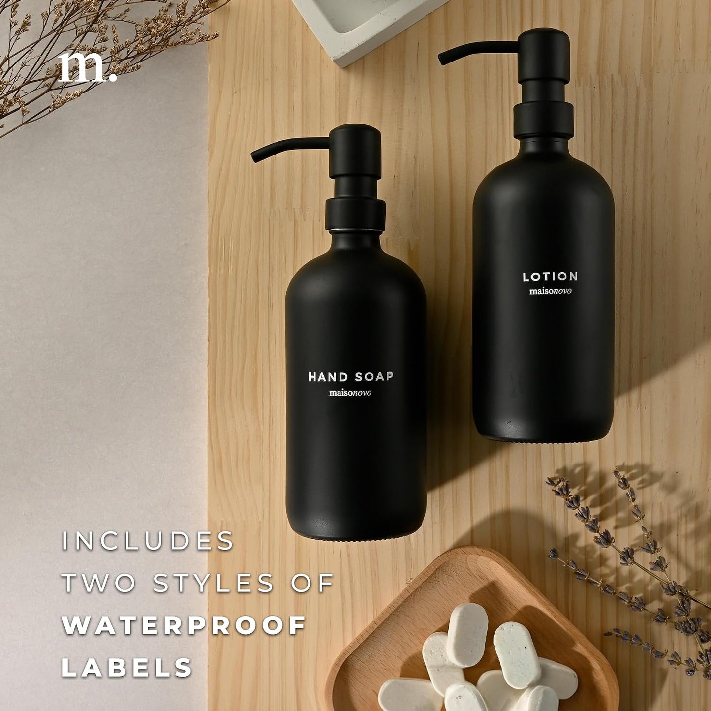 MaisoNovo Soap Dispenser 2-Piece Set | 16.9oz Black Bottles with Black Plastic Pumps