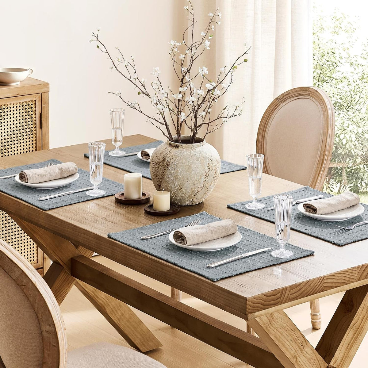 Artisanal Grid Decorative Linen Placemats Set of 6, Chambray | Thick Heavy Textured Washed Linen Place Mats 13×19in