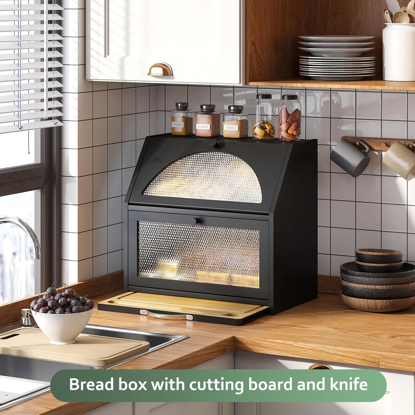 STDDRE Double Layer Bamboo Corner Bread Box with Cutting Board(Black) | Extra-large capacity. Double Layer Bread