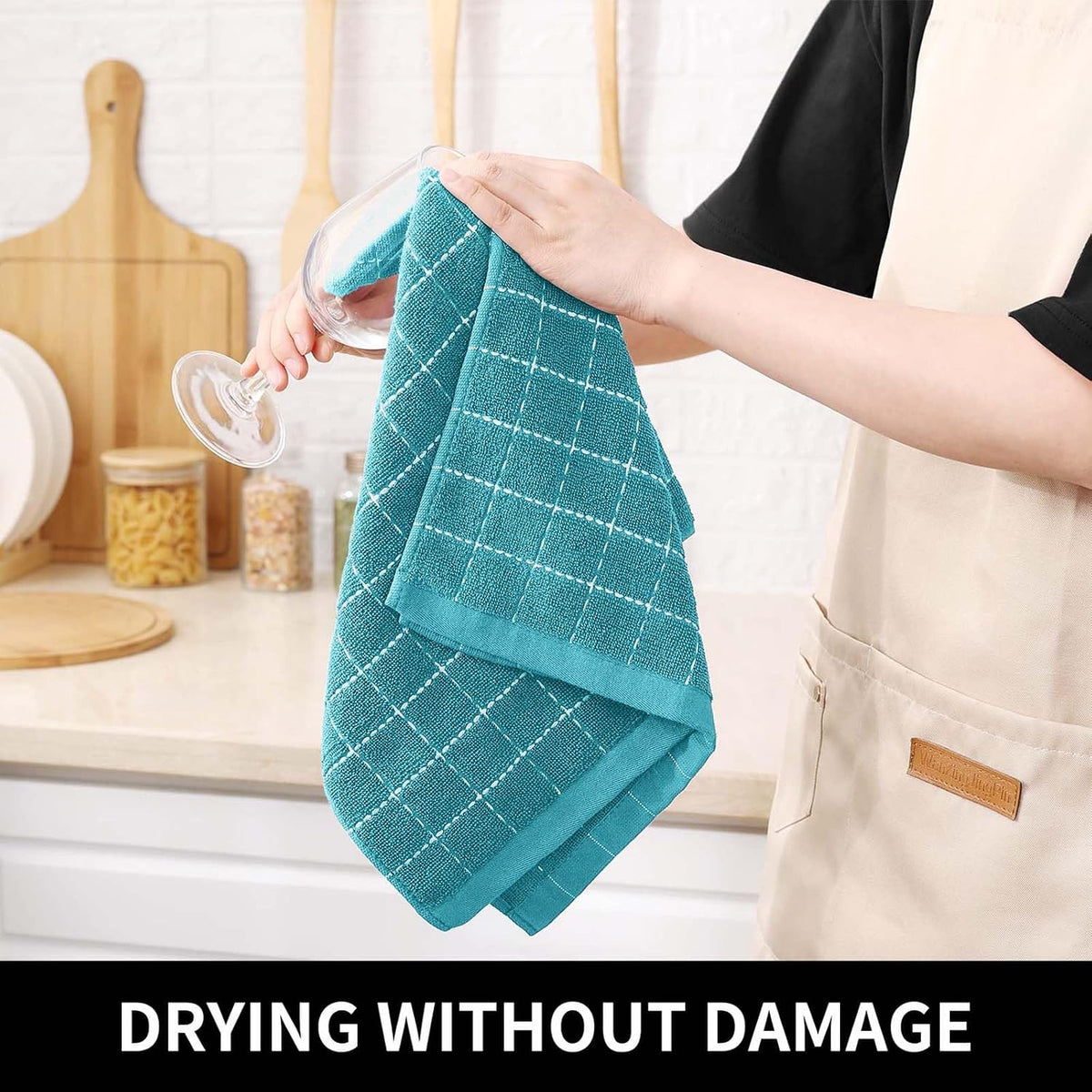 Homaxy Kitchen Towels and Dishcloths Set, Set of 12, Lake Blue | Bulk Cotton Terry Kitchen Towels, Checkered Designed