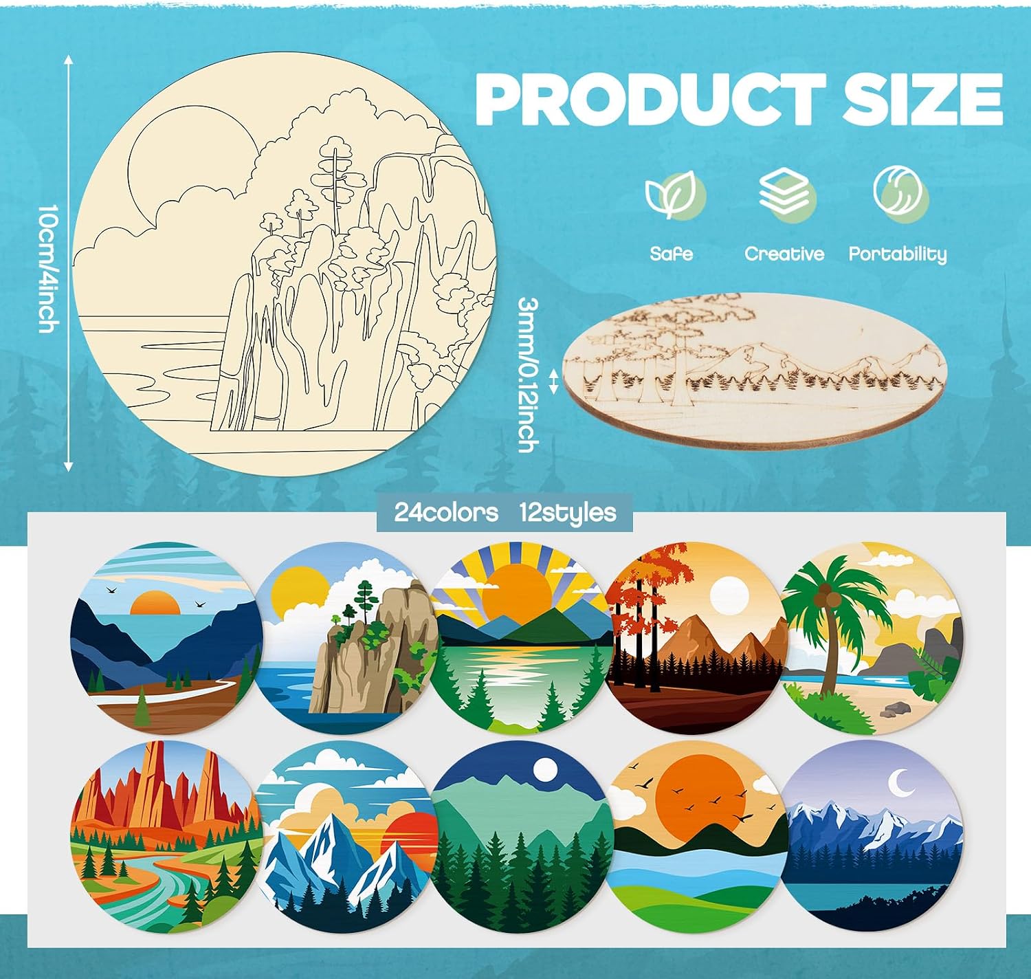 Wooden Coasters Painting Kit / Landscape / 4 Inch / Set of 45