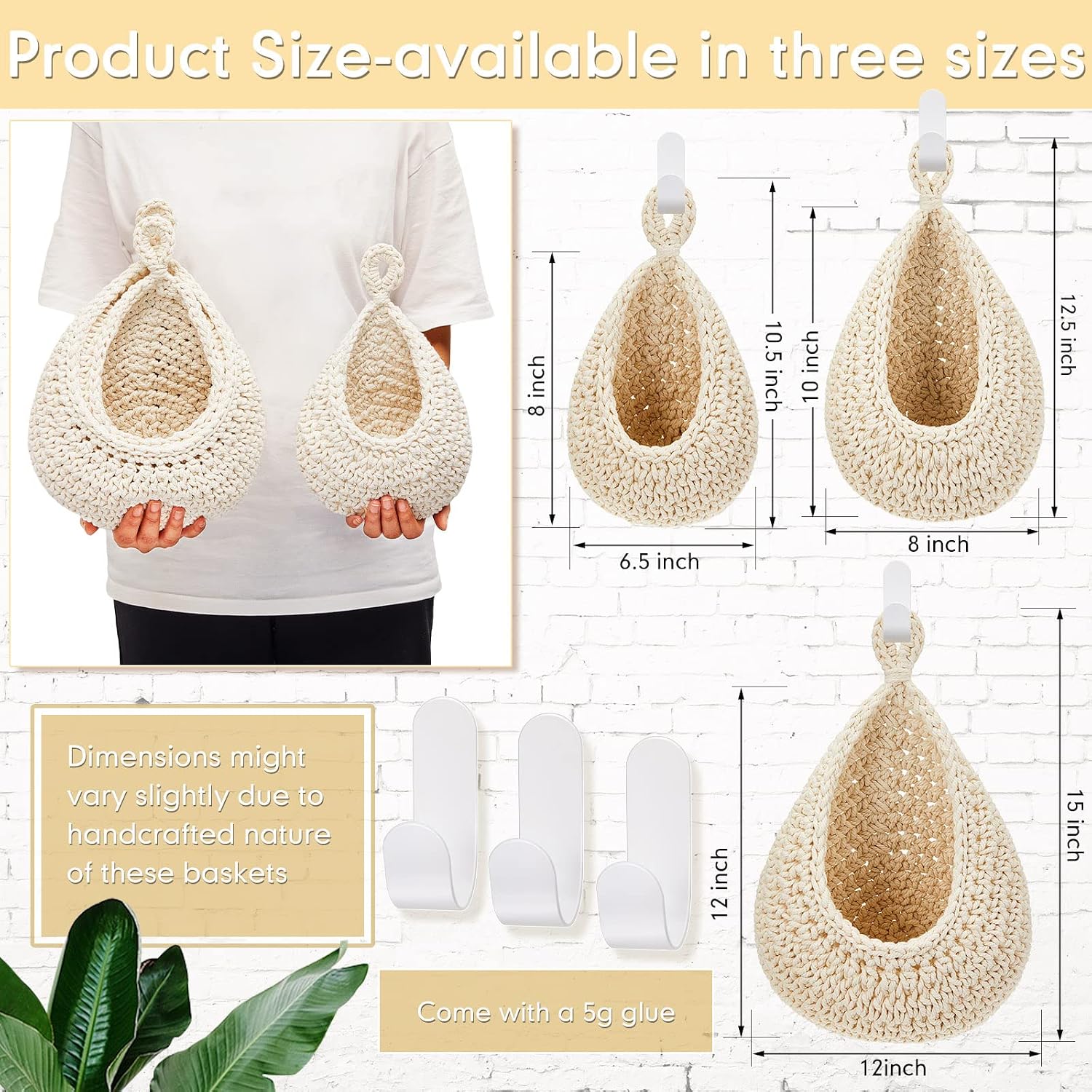 Boho Decor Hanging Wall Baskets / White / Cotton Rope / Teardrop / Set of 3