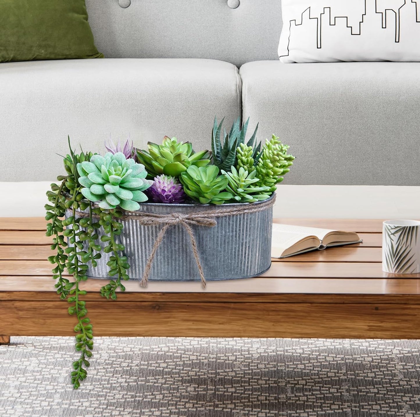 10" Artificial Succulent Arrangement Centerpiece Fake Succulent Plants in Rustic Metal Oval Planter