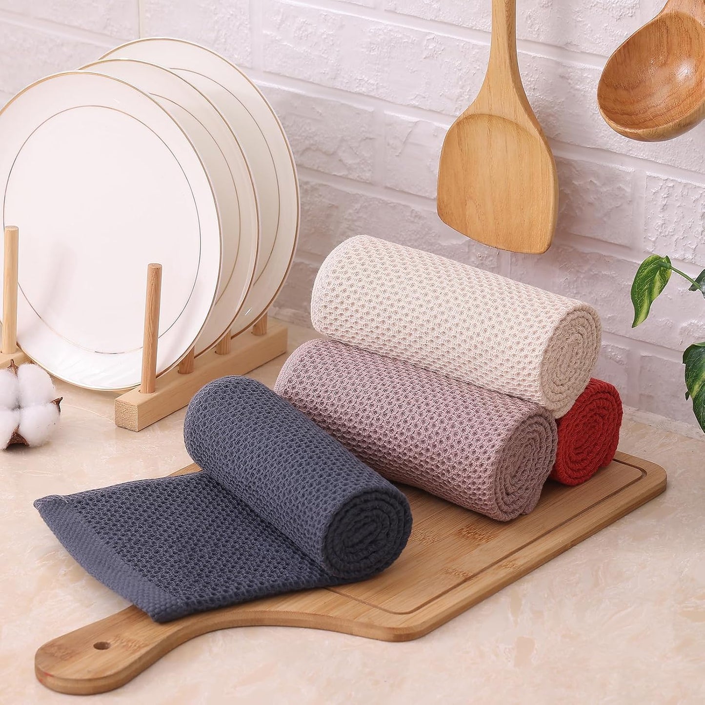 Kitinjoy 100% Cotton Waffle 8-Pack Kitchen Towels, 13" x 28", Multicolor | Super Soft, Ultra-Absorbent, Fast Drying