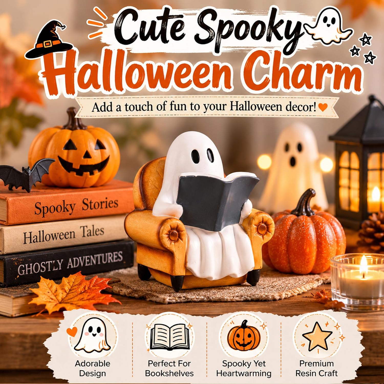 Halloween Decorations Indoor Ghost Reading Book Figurines Ghost Decor Book Lovers / Reading Ghost