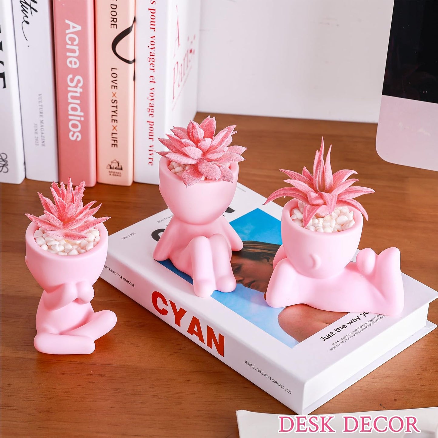 Artificial Succulents Plants Fake Artificial Plants Office Desk Accessories / Pink / Set of 3