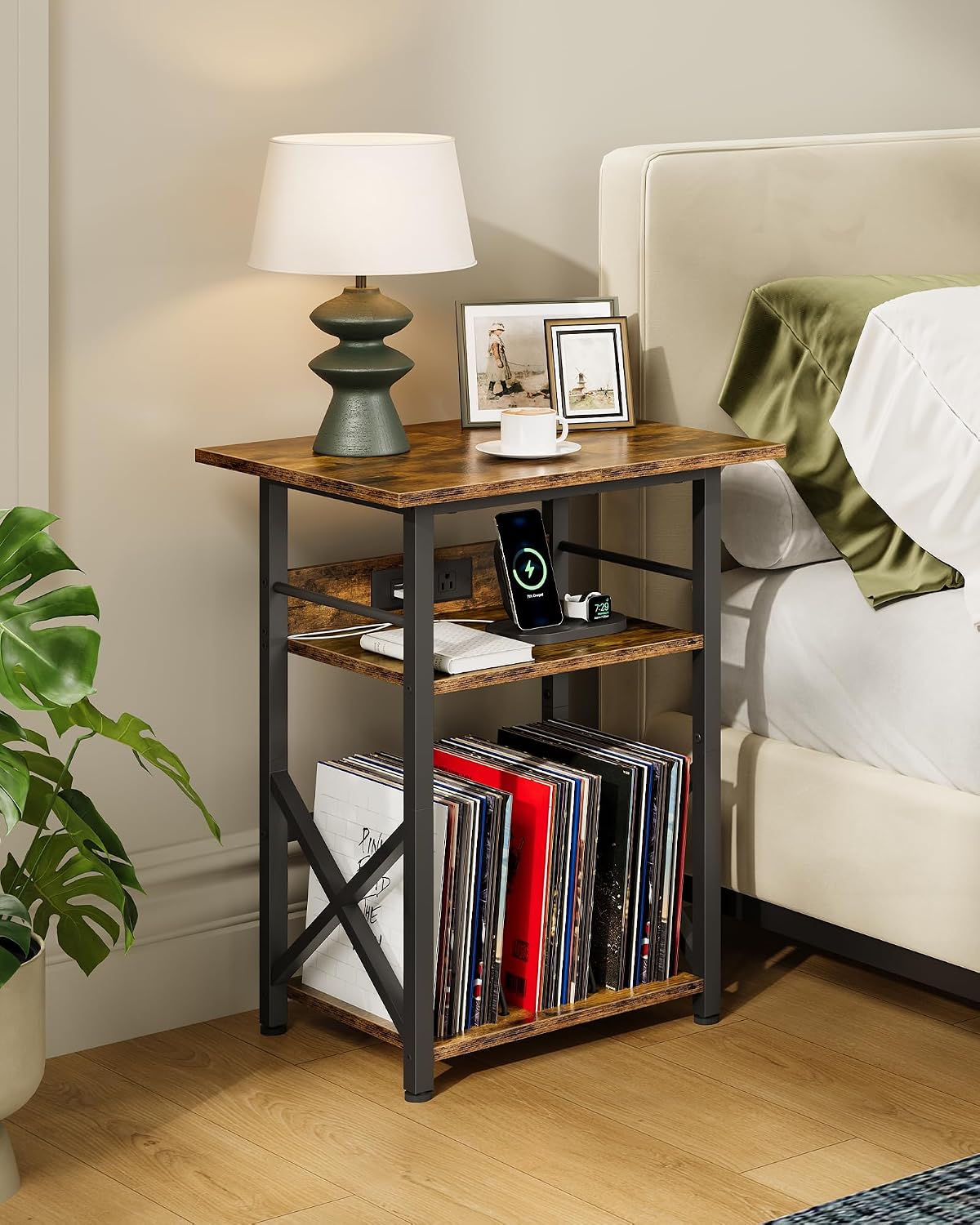 Record Player Stand with Power Outlet, Vinyl Record Storage Side Table, 19" Large Tabletop, Charging Station & Crossed