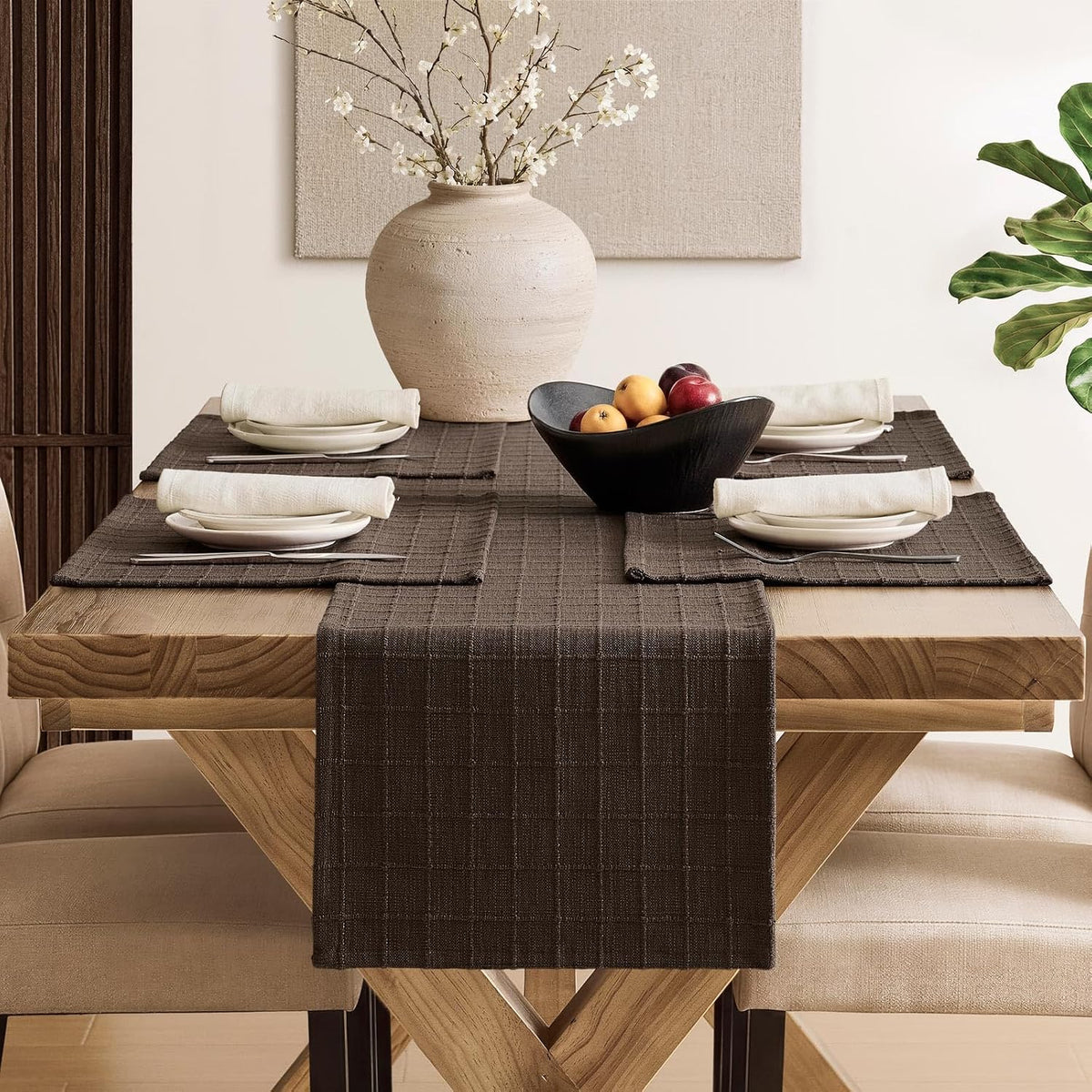 Artisanal Grid Decorative Linen Placemats Set of 6, Chocolate | Thick Heavy Textured Washed Linen Place Mats 13×19in
