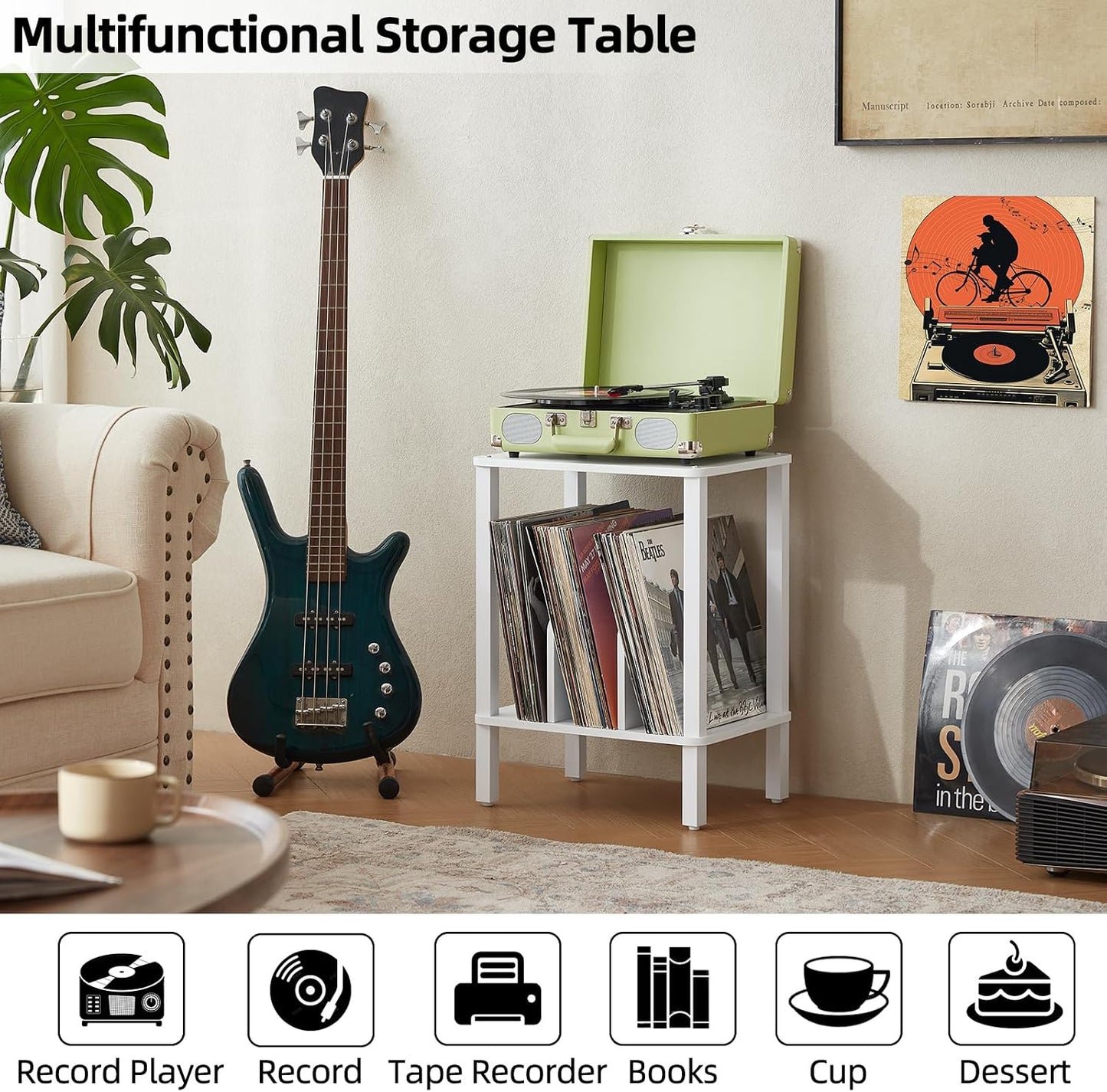 2-Tier Record Player Stand for Vinyl Records Storage End Table | Small Vinyl Record Holder Storage up to 100 Albums