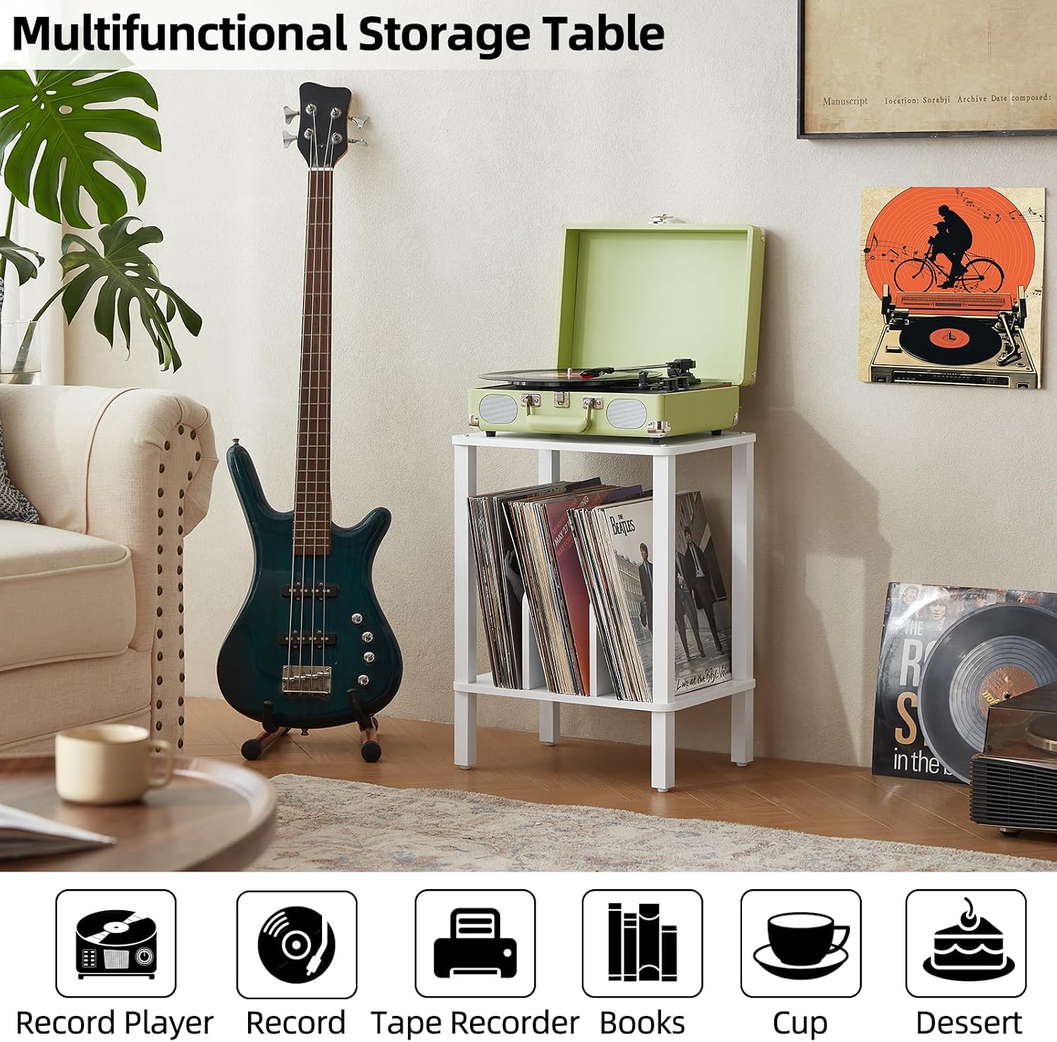 2-Tier Record Player Stand for Vinyl Records Storage End Table | Small Vinyl Record Holder Storage up to 100 Albums