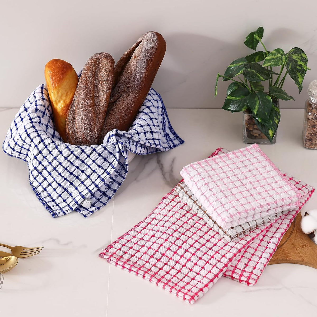 Homaxy Kitchen Towels and Dishcloths Set, Set of 16, Blue/Pink/Red/Brown | Cotton Terry Kitchen Dish Towels, Super Soft