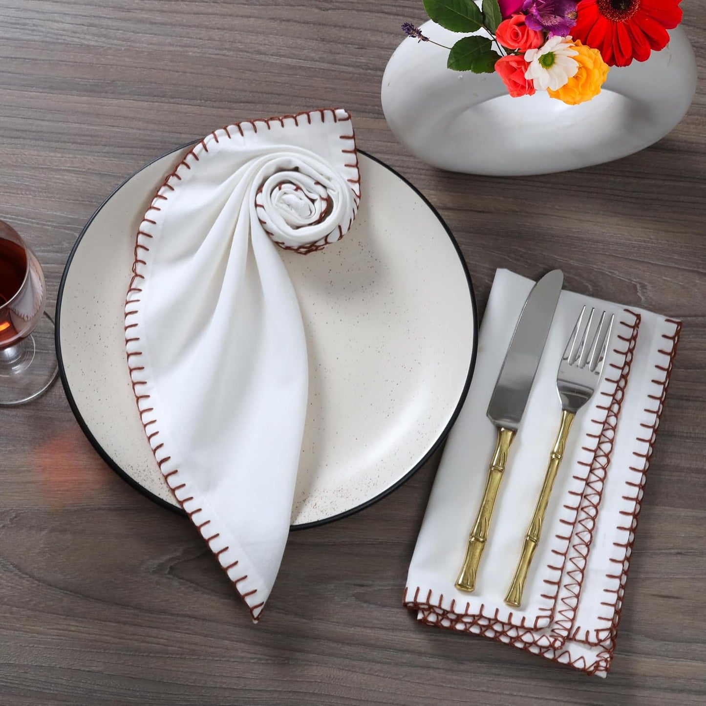Bedding Craft Cotton Cloth Dinner Napkins Set of 12 – 18x18 Chili Oil Red Cloth Napkins with Blanket Stitch Selvedge –