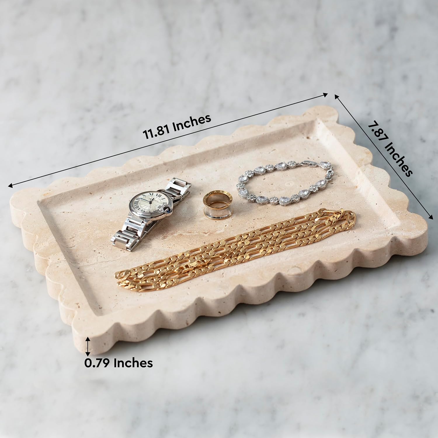 Scalloped Marble Tray / Beige Travertine / 11.8 x 7.9 x 0.8