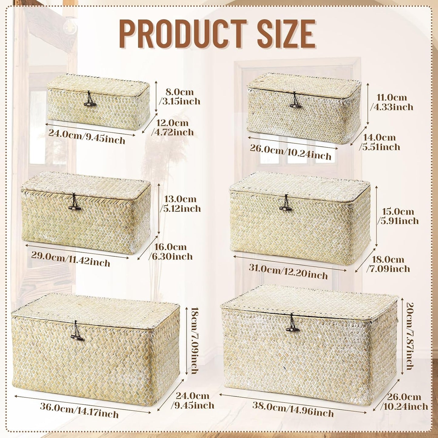 Seagrass Basket / Lids Bin Woven Organizer / White / Classic Style / Set of 6