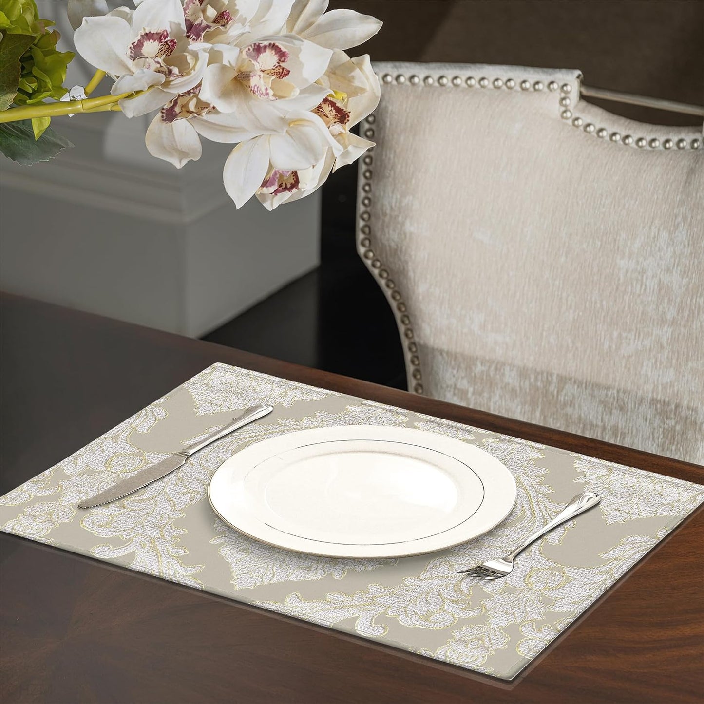Loom and Mill Luxury Damask Jacquard Placemats Set of 6, Beige, 12x18 in | Non-Slip Table Place Mats for Home Kitchen