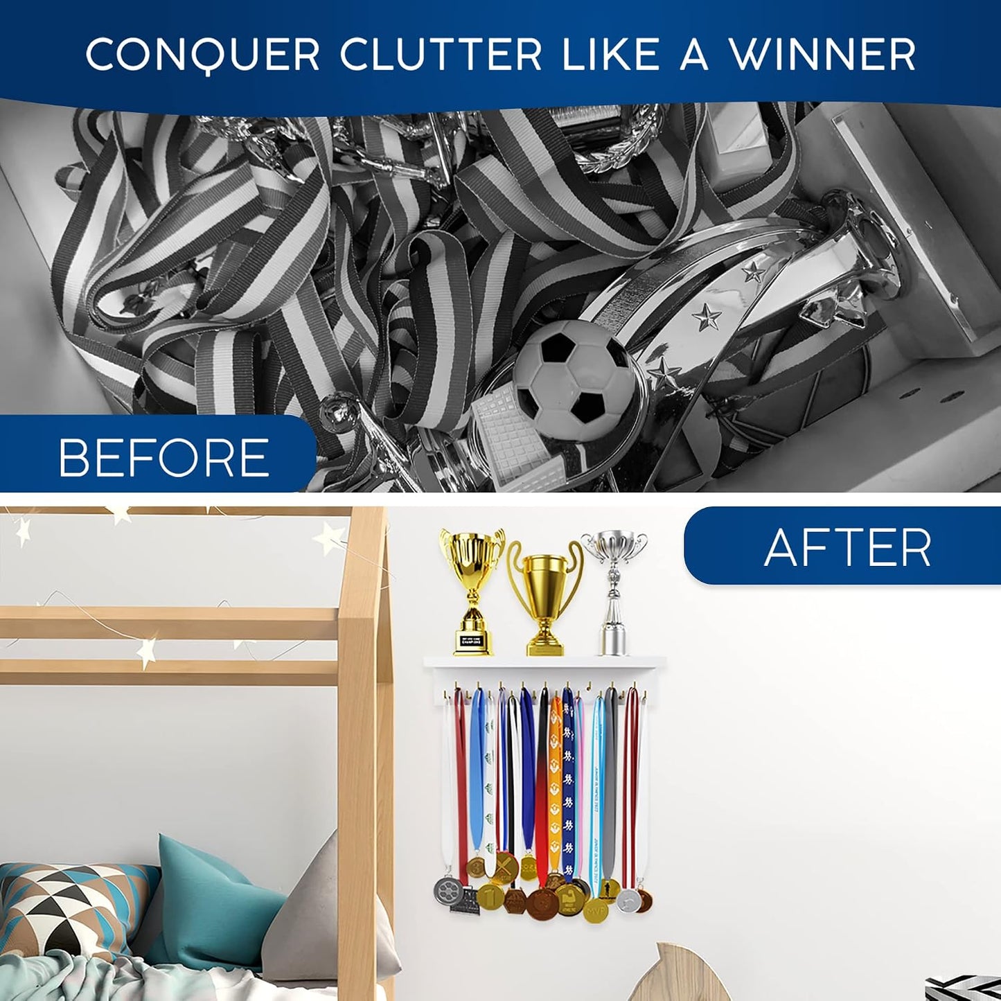 EVERMORE Medal Hanger Display and Trophy Shelf with Hooks - Wooden Medal Holder for Wall Mount Ribbon Display, Trophy
