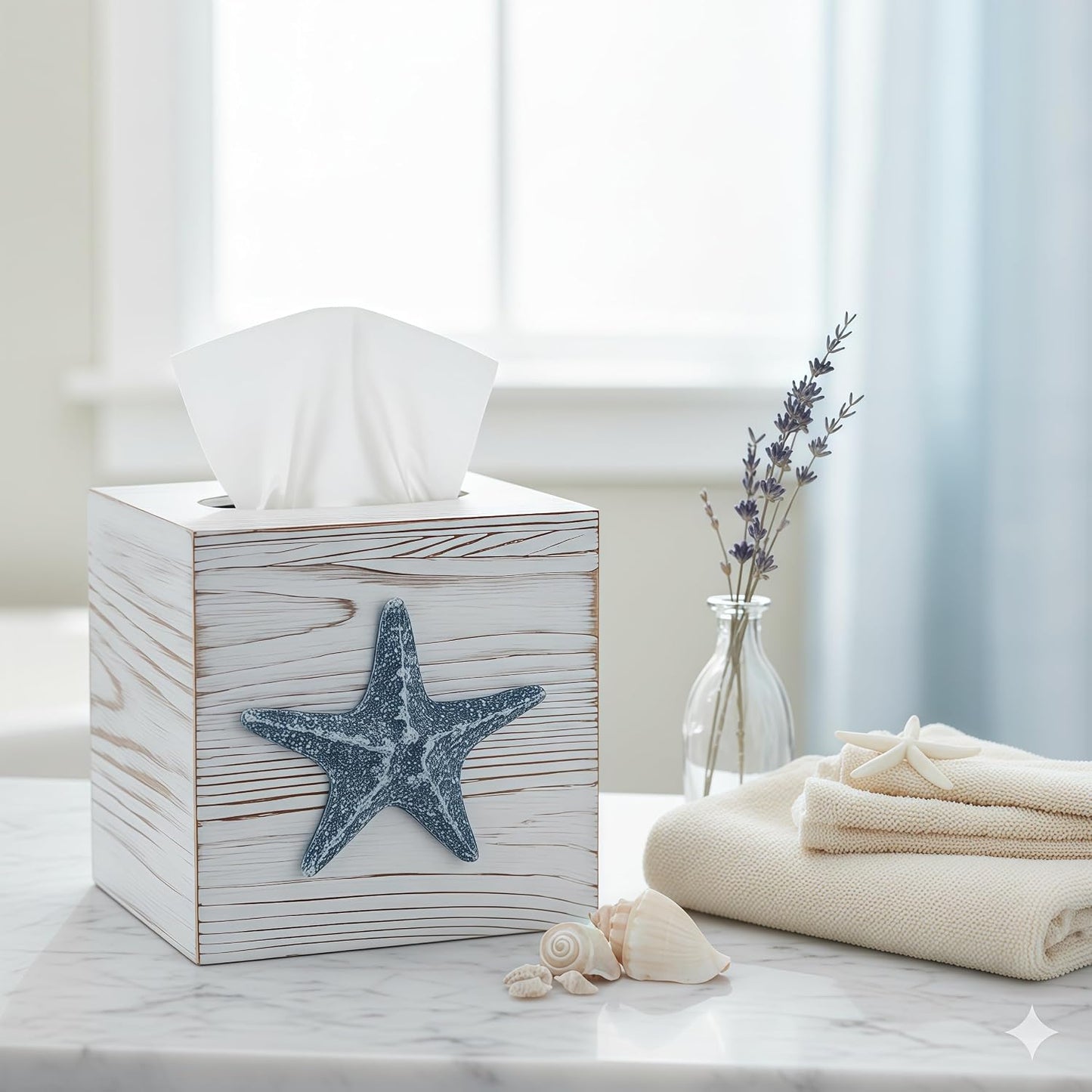 Coastal Tissue Box Cover Wooden Retro / Starfish