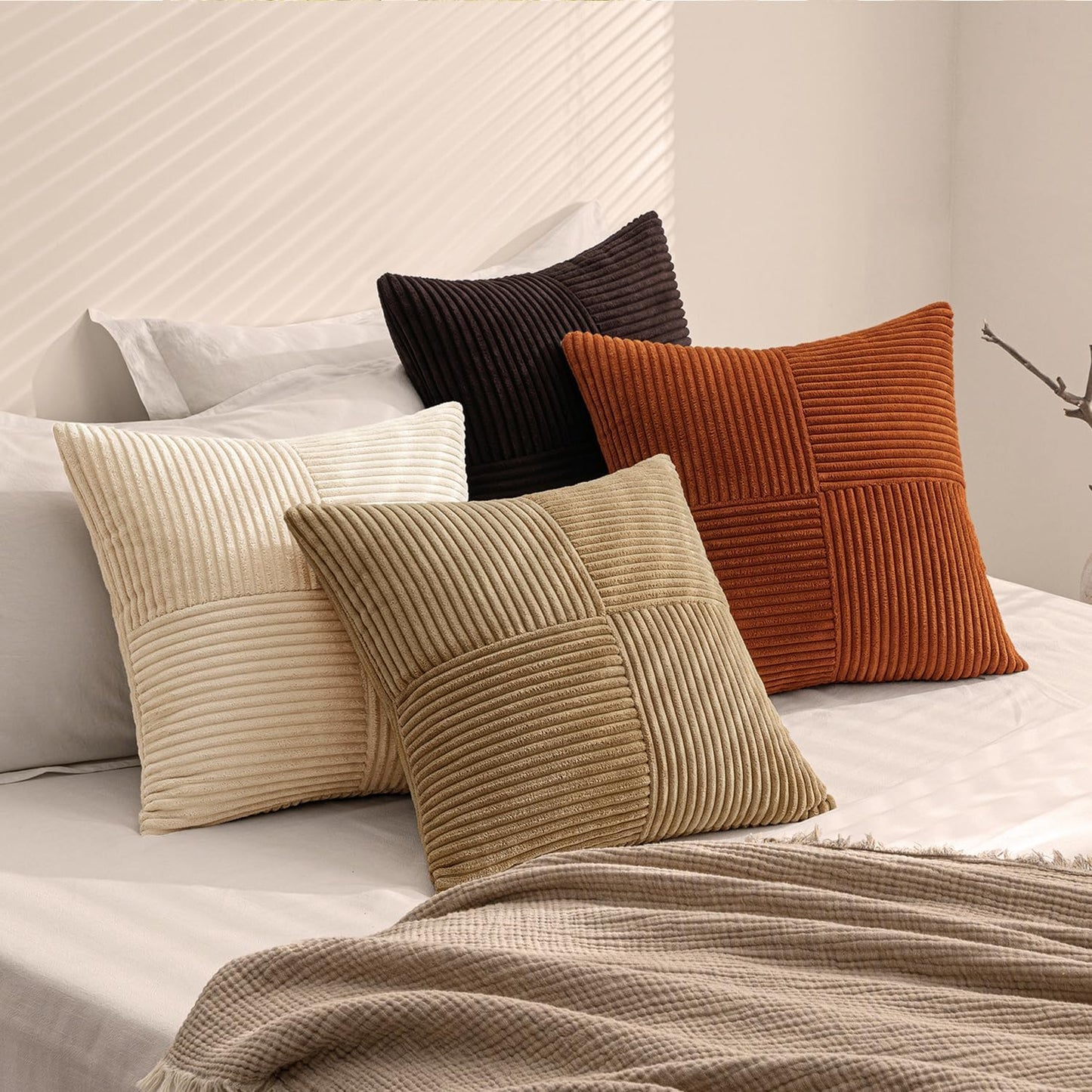 Throw Pillow Covers Boho Farmhouse Cushion Cases for Livingroom / 20 x 20 / Brown Beige / Set of 4