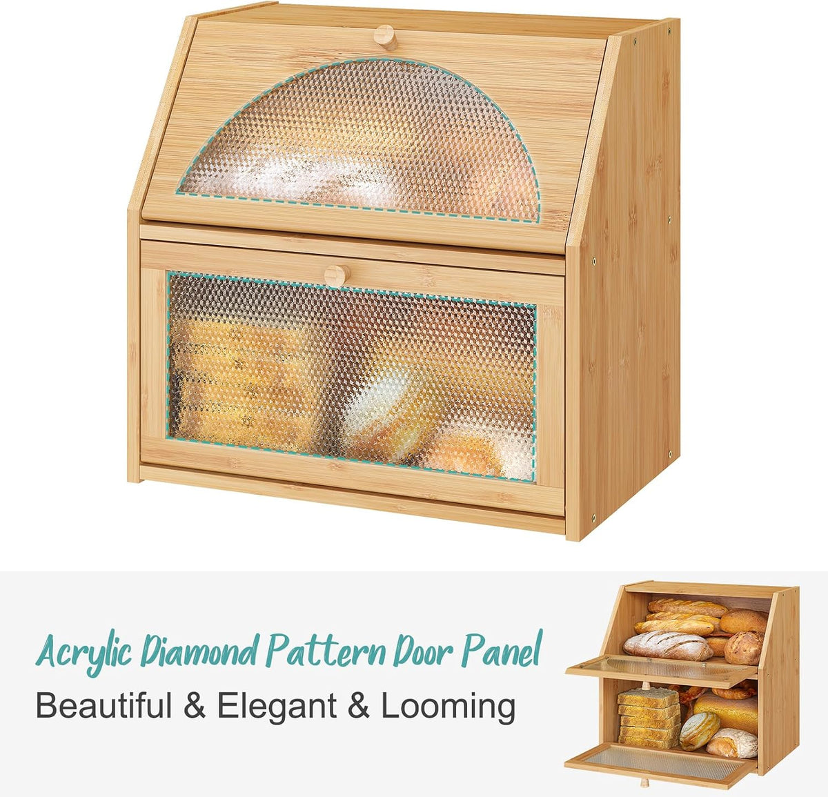 Extra Large Bread Box for Kitchen Counter, Bamboo Wood Double Layer Bread Box for Kitchen Counter, Wooden Capacity