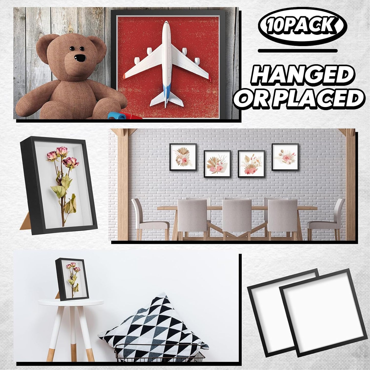 Geetery 10 Pack Shadow Box Frame 10 x 10 Inch Wood Frame Memory Display Case Bulk Shadow Boxes for Photo Flowers