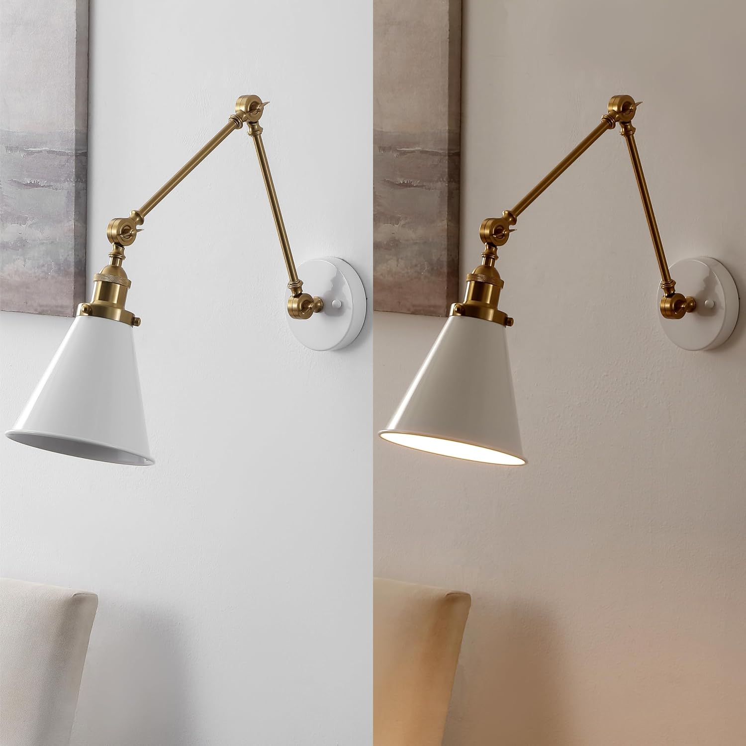 JONATHAN Y Rover 1-Light Wall Sconce 7", White/Brass Gold | Adjustable Arm, Hardwired Bedside Reading Swing Arm