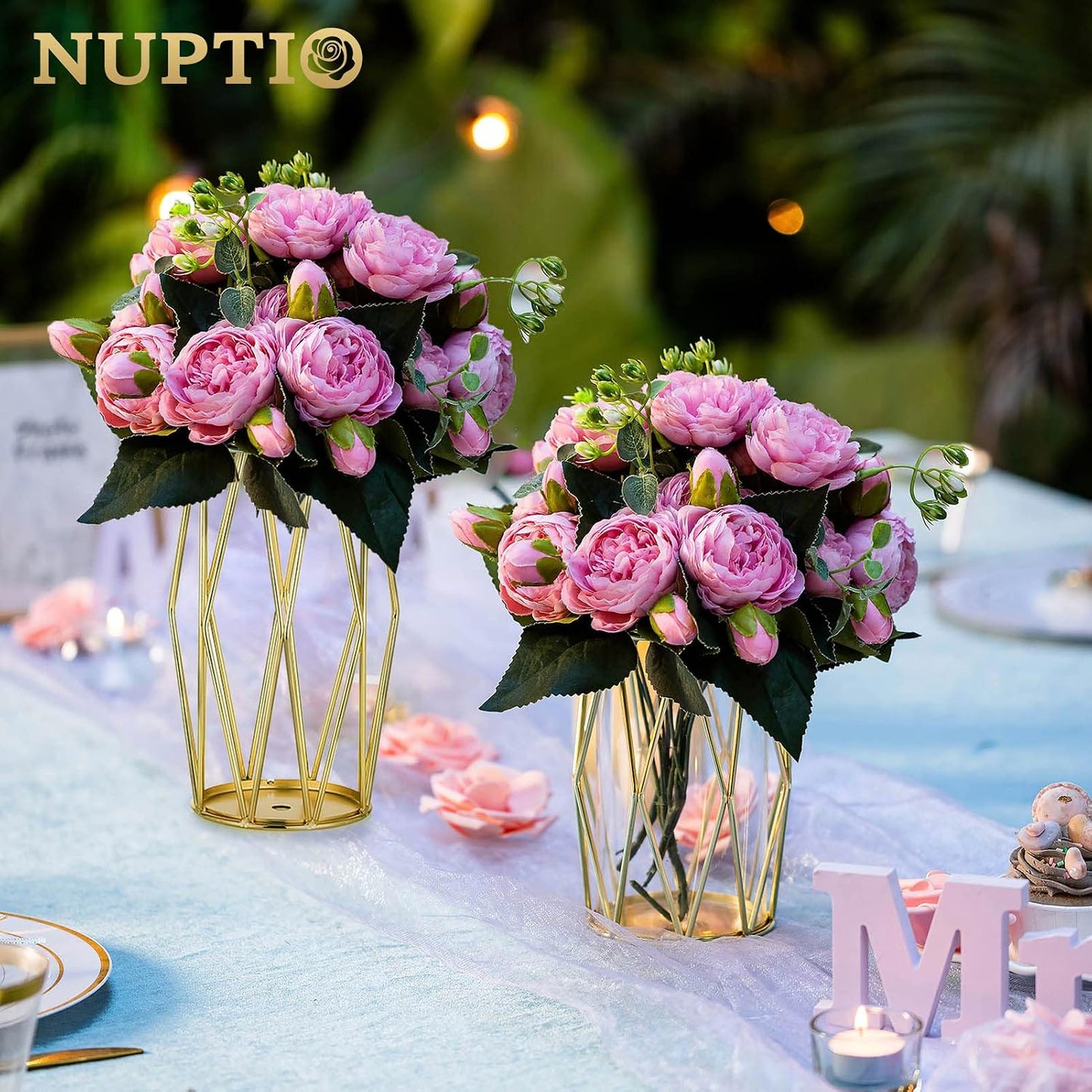 NUPTIO Gold Geometric Hurricane Glass Candle Holders, Set of 2 | 2 Graduated Diamond Frames, Clear Cylinder Vases, for