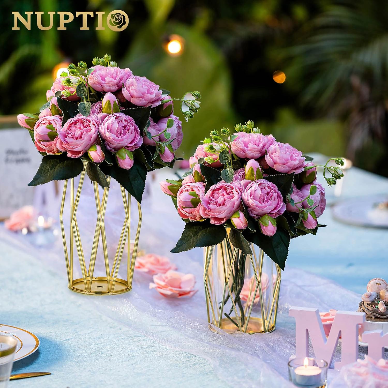 NUPTIO Gold Geometric Hurricane Glass Candle Holders, Set of 2 | 2 Graduated Diamond Frames, Clear Cylinder Vases, for