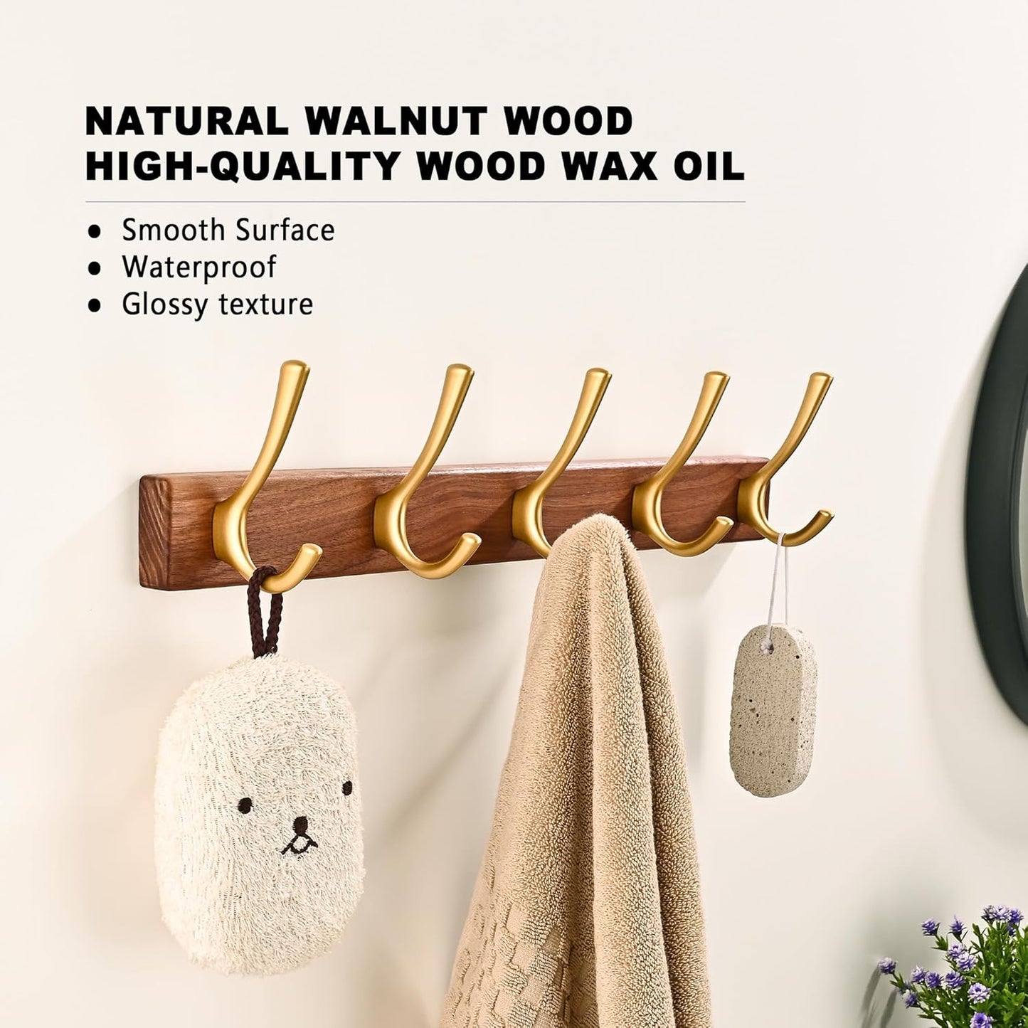 17.3" Small Walnut Wood Coat Rack Wall Mount / Gold 5 Hooks Wall Coat Rack