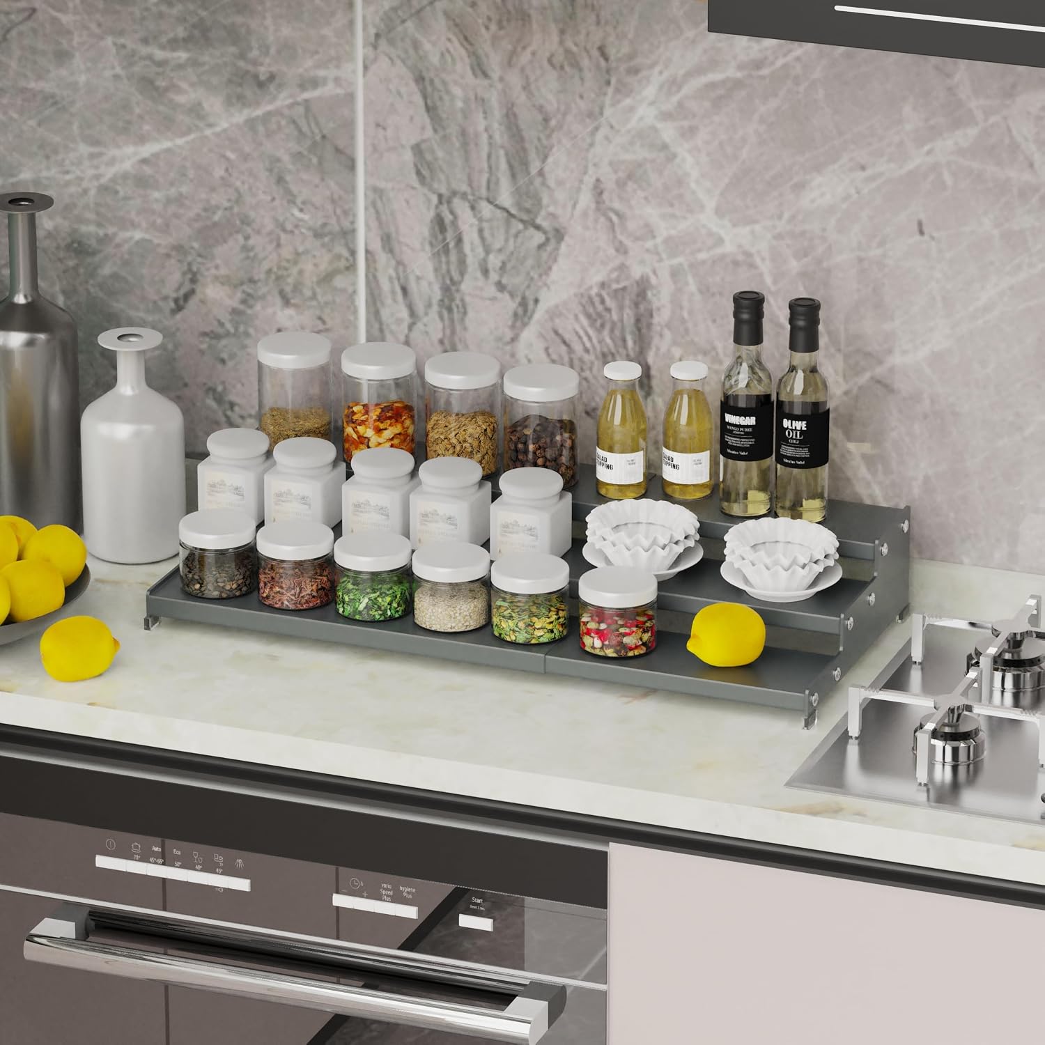 Expandable Spice Rack Storage organizer with 3-Tier step shelf cabinet,seasoning rack organizion.Great for Kitchen