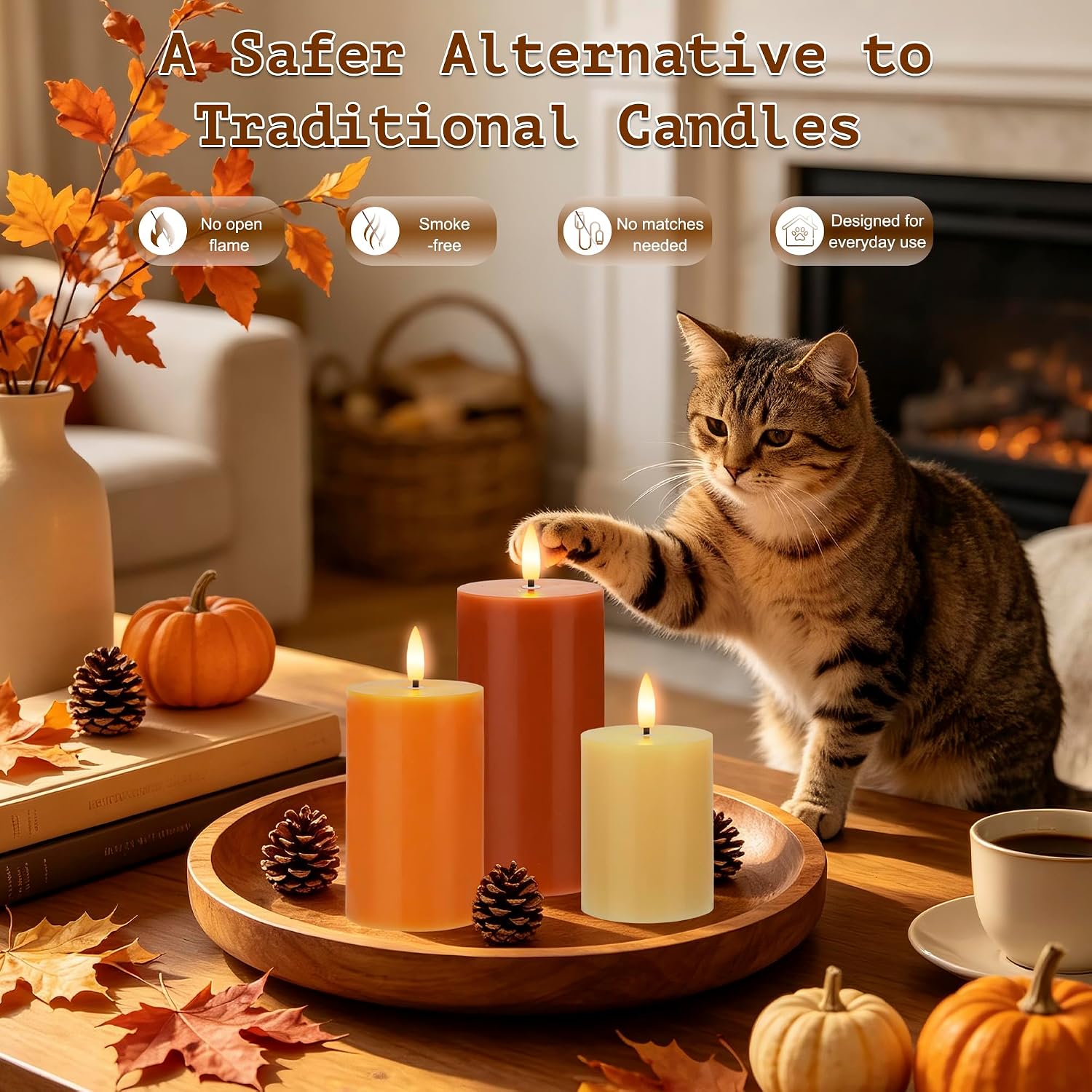 Flameless Candles with Remote, Fall Battery Operated Wax Candles | Flickering Autumn Harvest Pillar Candles, Decorative