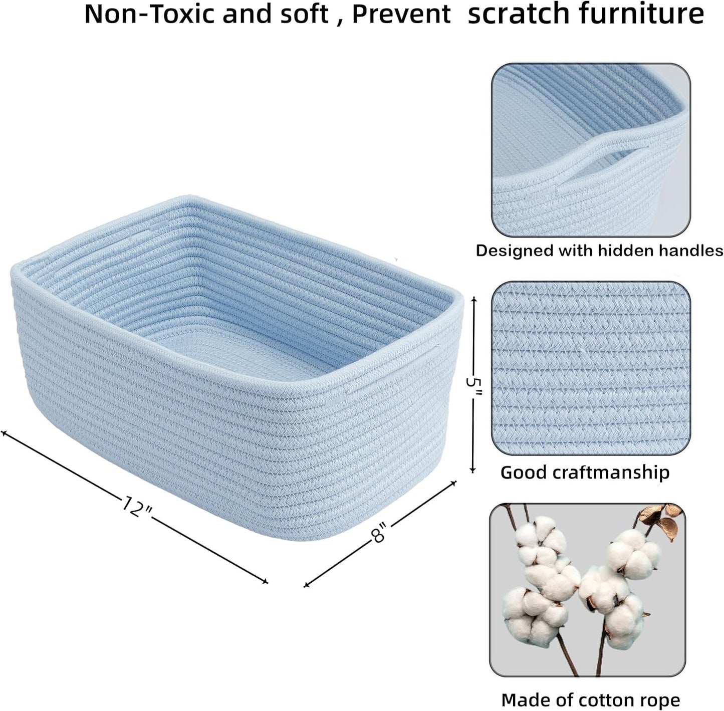 Small Woven Storage Baskets " Decorative Rope Bins for Organizing / Blue / Regular / 12 x 8 x 5