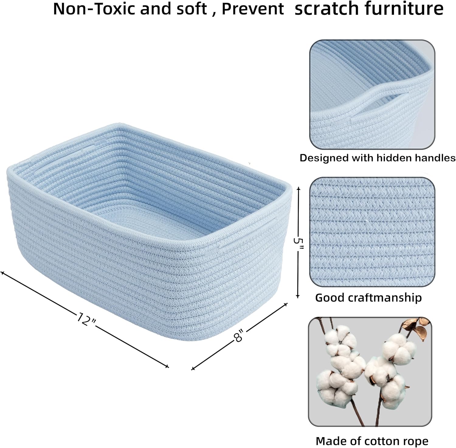 Small Woven Storage Baskets " Decorative Rope Bins for Organizing / Blue / Regular / 12 x 8 x 5