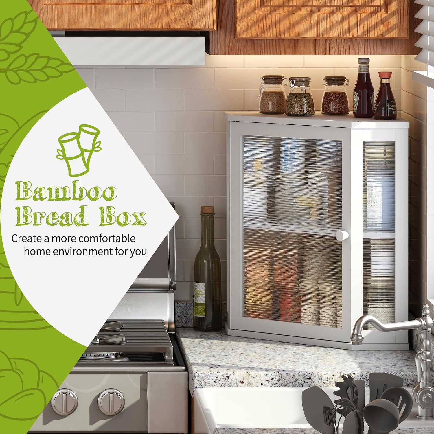BMOSU Corner Bread Box for Kitchen Countertop Double Layer Bamboo Wooden Bread box Large Capacity Bread Storage