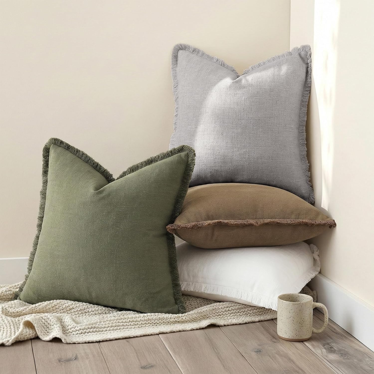 Summer Decorative Neutral Linen Fringe Throw Pillow Covers Pillow / Dark Grey / 18 x 18 / Set of 2