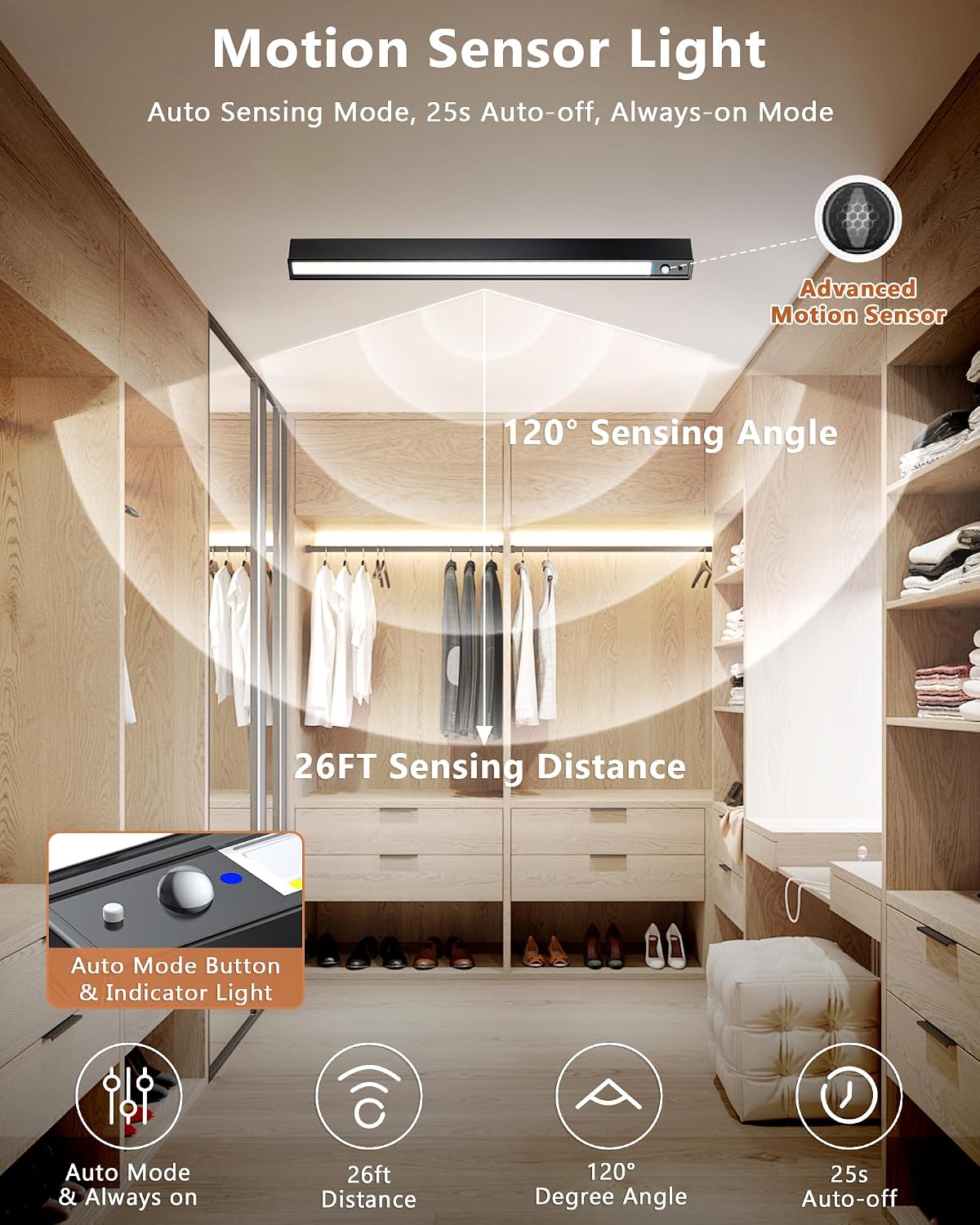 Rechargeable Motion Sensor Ceiling Light, Full Metal Battery Powered LED Closet Light, 3 Color 500LM Dimmable with