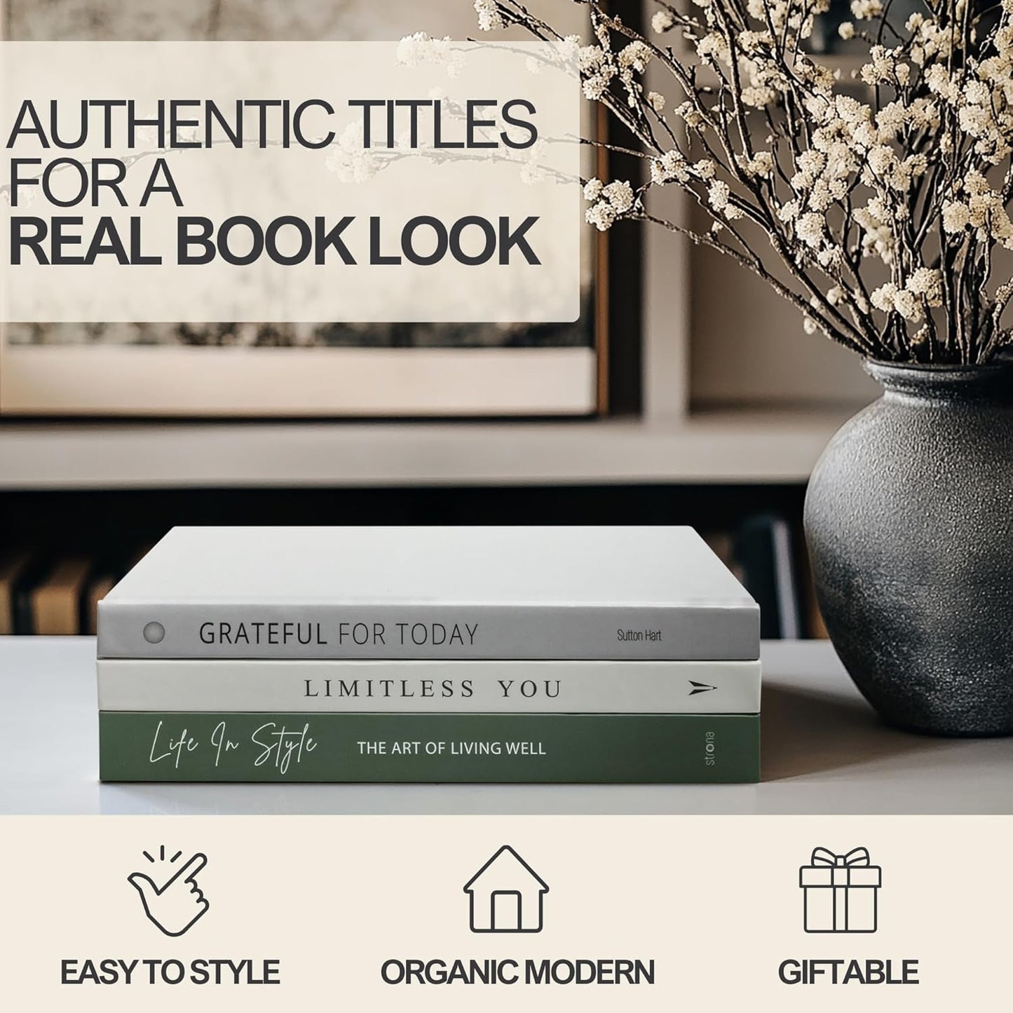 Faux Books / Green Decor Books / Olive Green, Cream, Gray