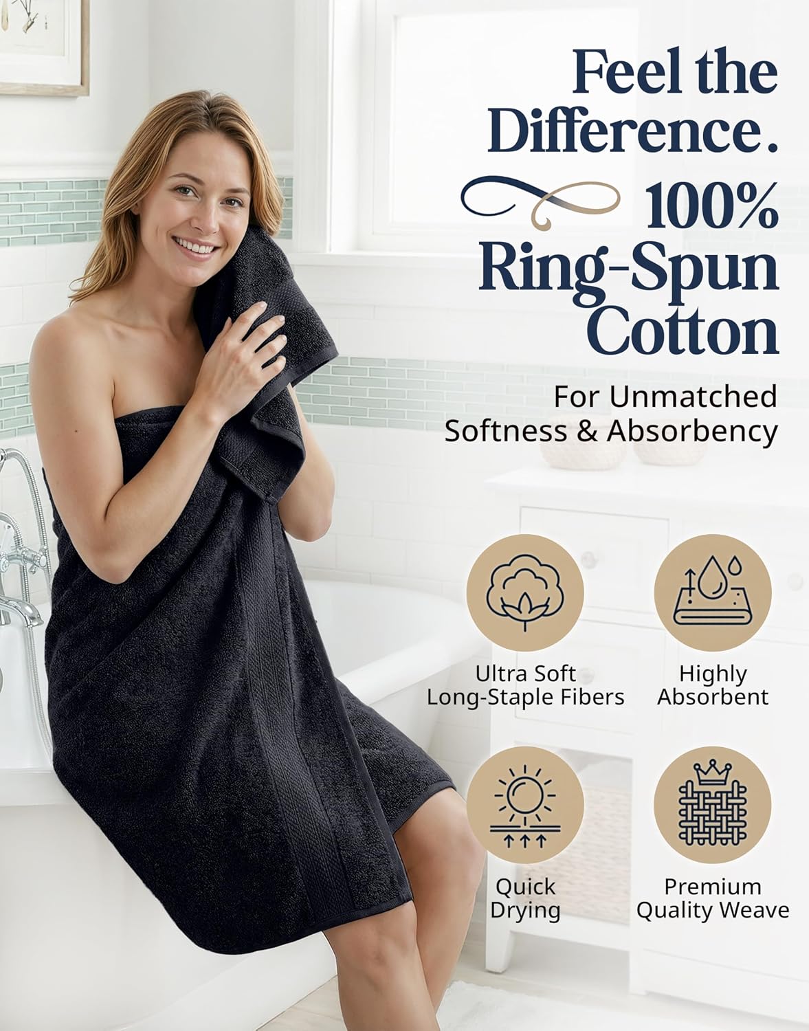 LANE LINEN Bath Towel Set Quick Dry 100% Cotton 16 Piece Soft - Black | Cotton Bath Towels - Classic Terry Weave