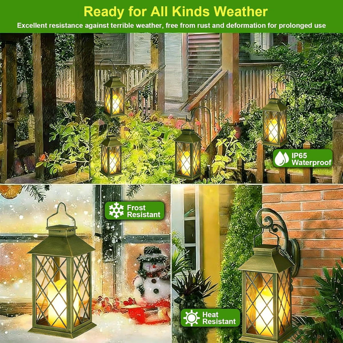 14" Large Tempered Glass Solar Lanterns Outdoor Waterproof | Bronze retro solar lantern with flickering flameless