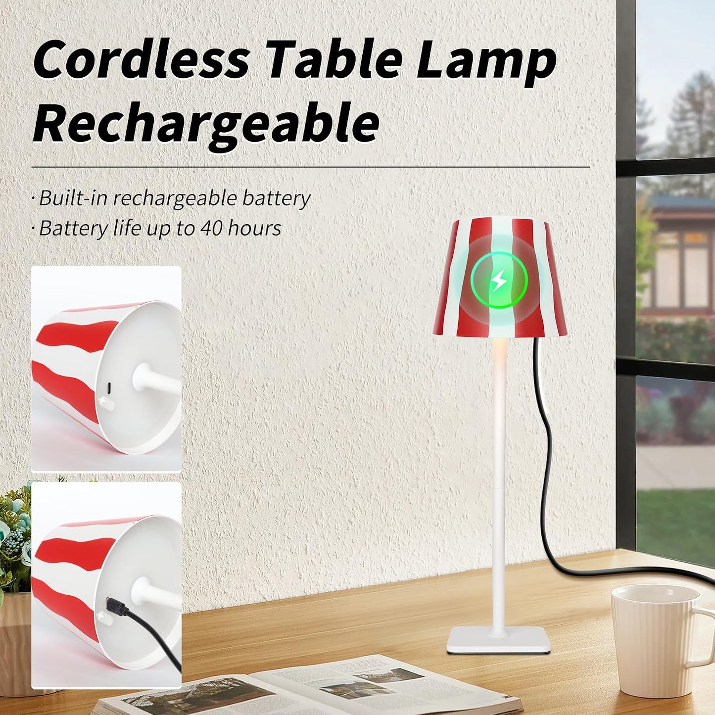 Mr. White Outdoor Waterproof Cordless Wireless Rechargeable Portable Top Touch Battery Operated Powered LED Table Lamp