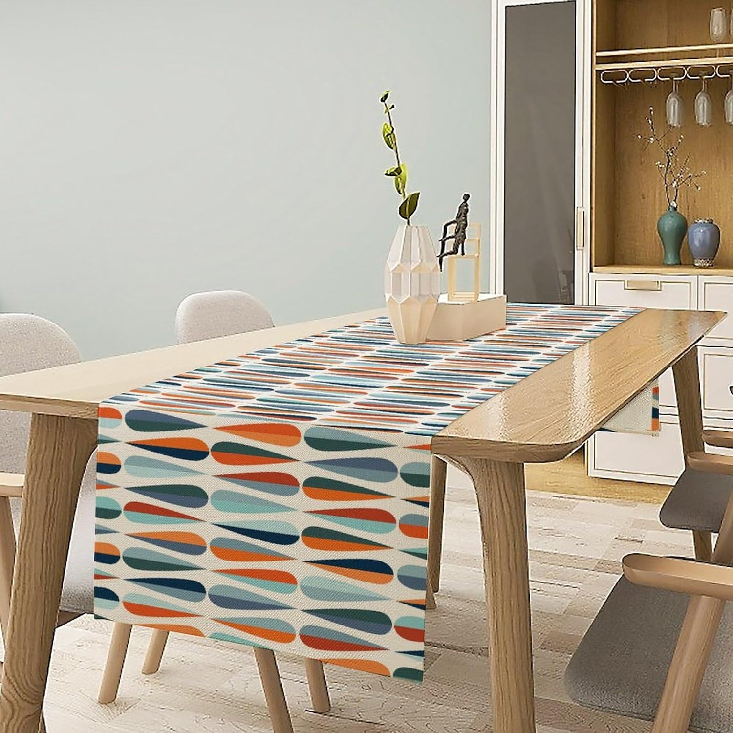 Modern Mid Century Table Runne Retro Blue Orange Grey Water Droplets Geometric Table Runner for Kitchen Dining Room