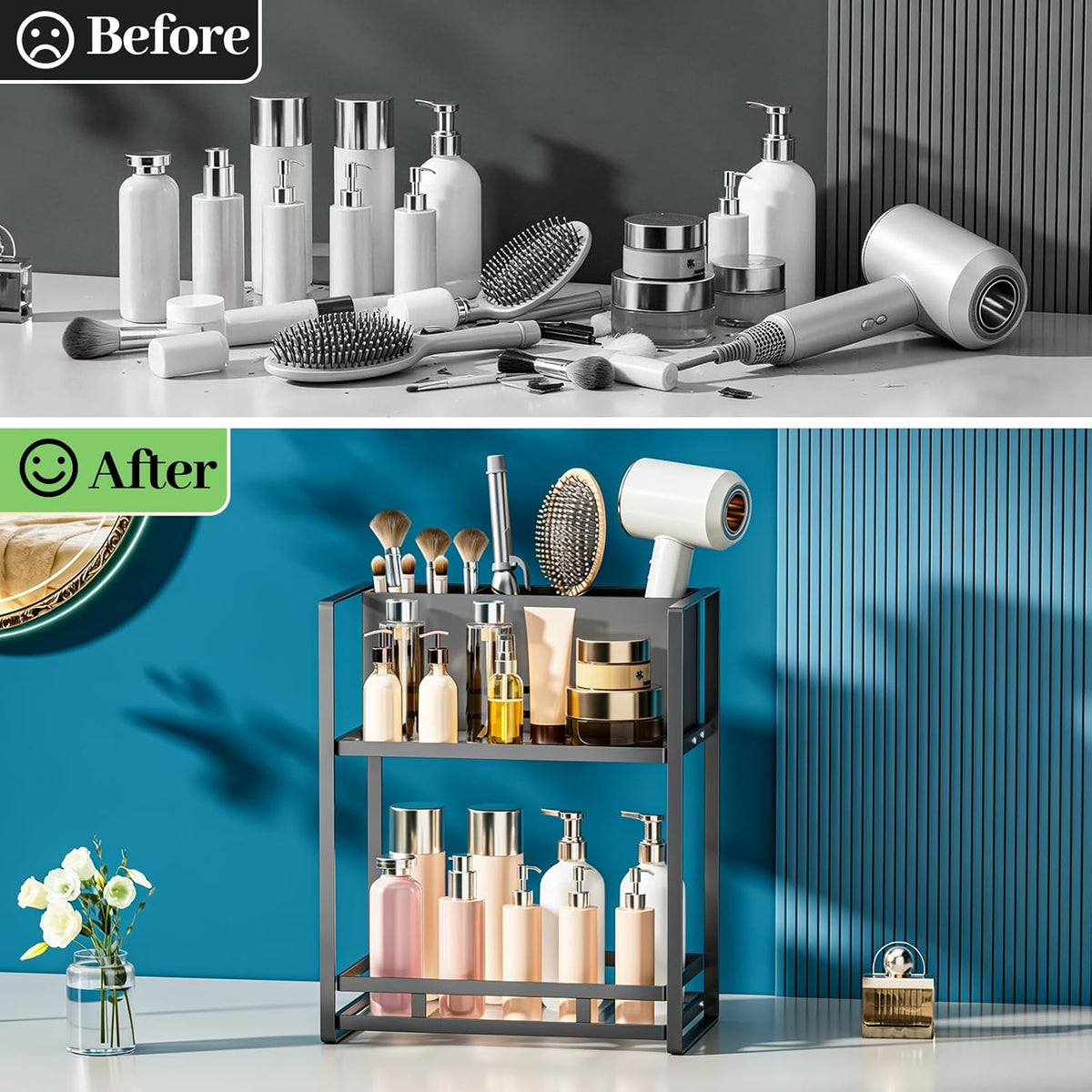 Bathroom Counter Organizer, Metal Vanity Shelf with Hair Dryer Holder | 2-Tier Hair Tool Organizer, Large Capacity
